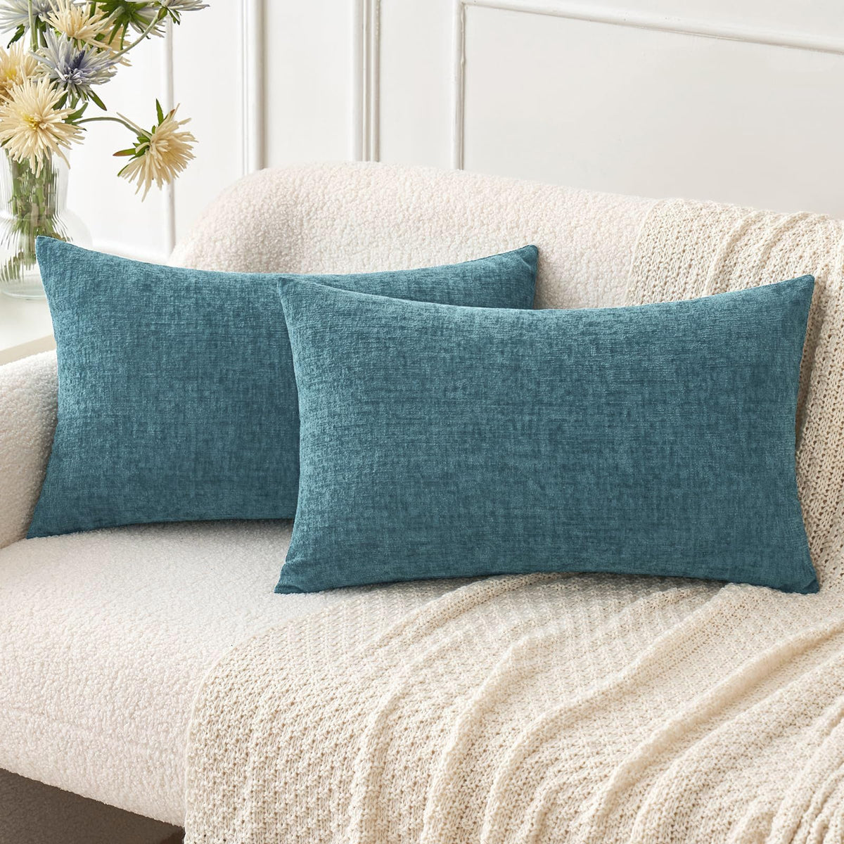 MIULEE Soft Chenille Throw Pillow Covers Teal 18x18 Inch Pack of 2