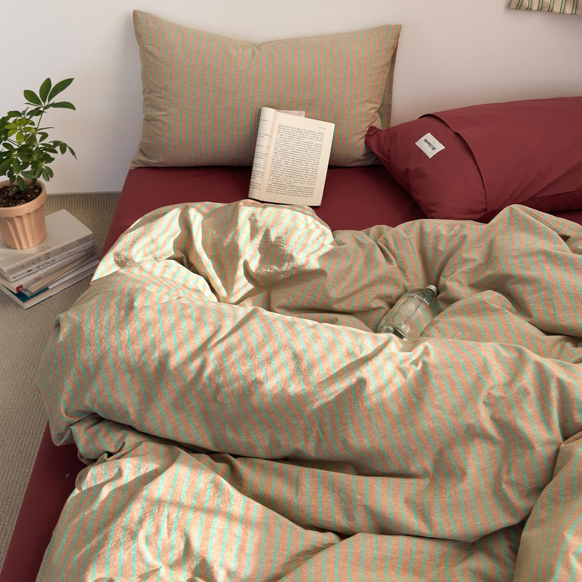 Plaid Duvet Cover Set Washed Cotton,Queen(90"x90"),Multicolor Gingham