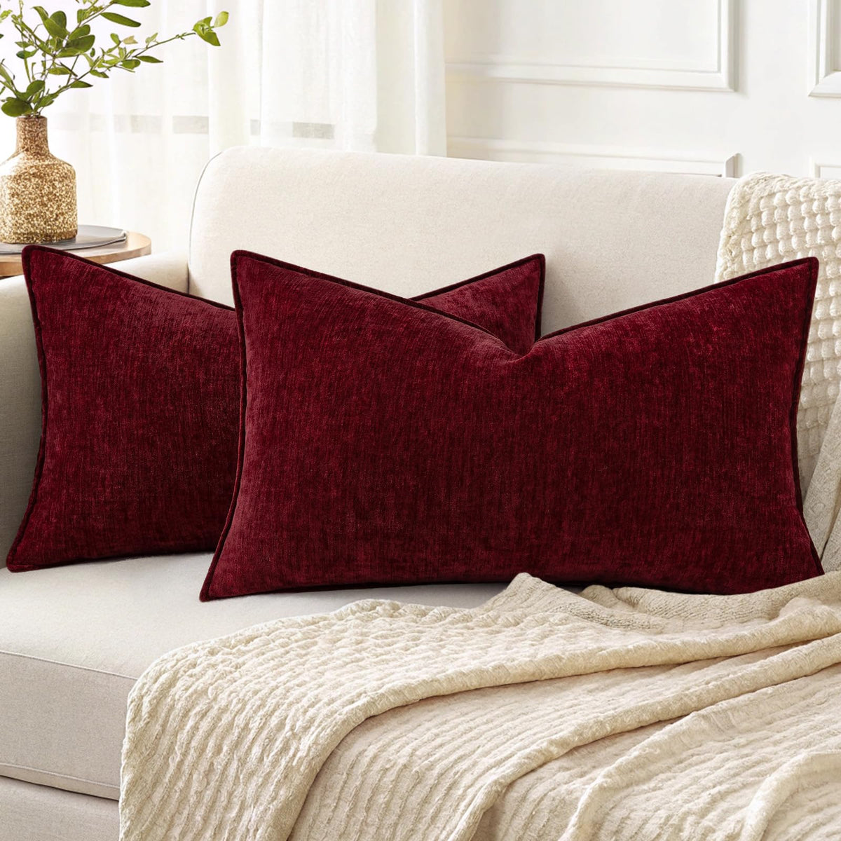 decorUhome Chenille Beige Velvet Throw Pillow Covers 20x20 Set of 2