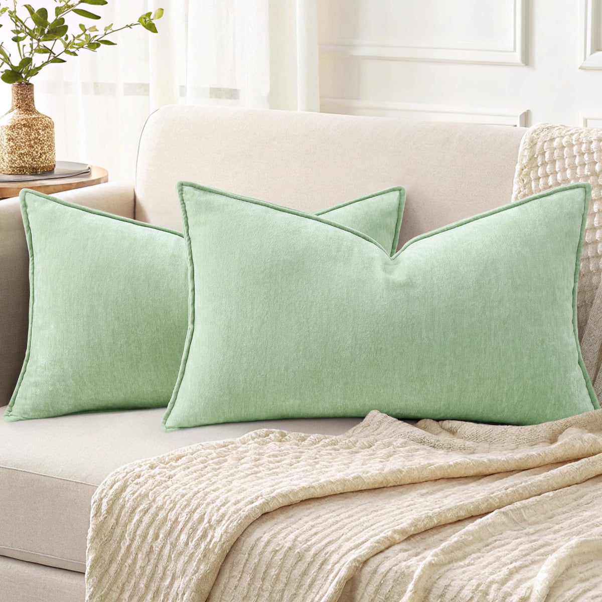 decorUhome Chenille Beige Velvet Throw Pillow Covers 20x20 Set of 2