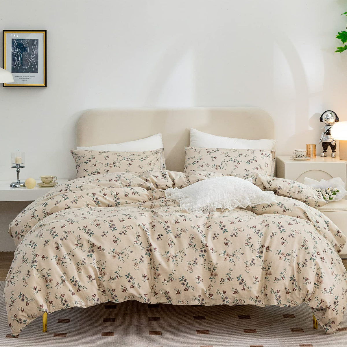 King Size Duvet Cover Set Floral Luxury Soft Brushed Microfiber Crinkle Gauze Fabric 3 Pieces Bedding Set Flower Pattern Duvet Cover King with Zipper Closure Breathable Comfy