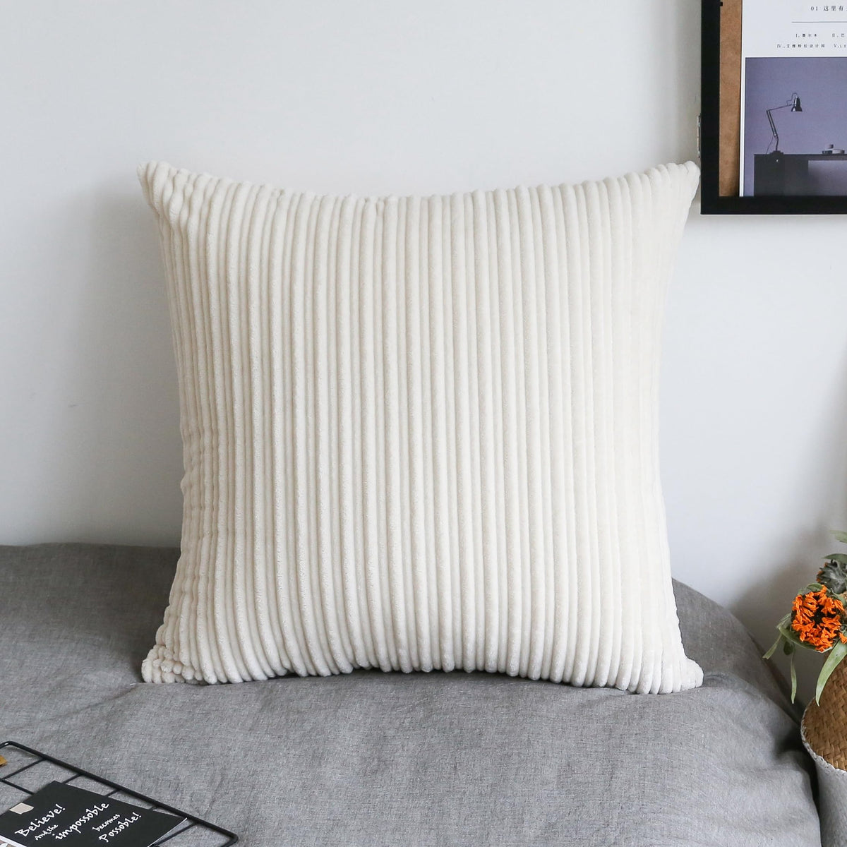 UGASA Velvet 12x20 Inch Lumbar Soft Throw Pillow Cover Boho Farmhouse Decorative Corduroy Striped Both Sides Solid Rectangular Cushion Case for Couch Bedroom Sofa Home, 1 Piece, Beige