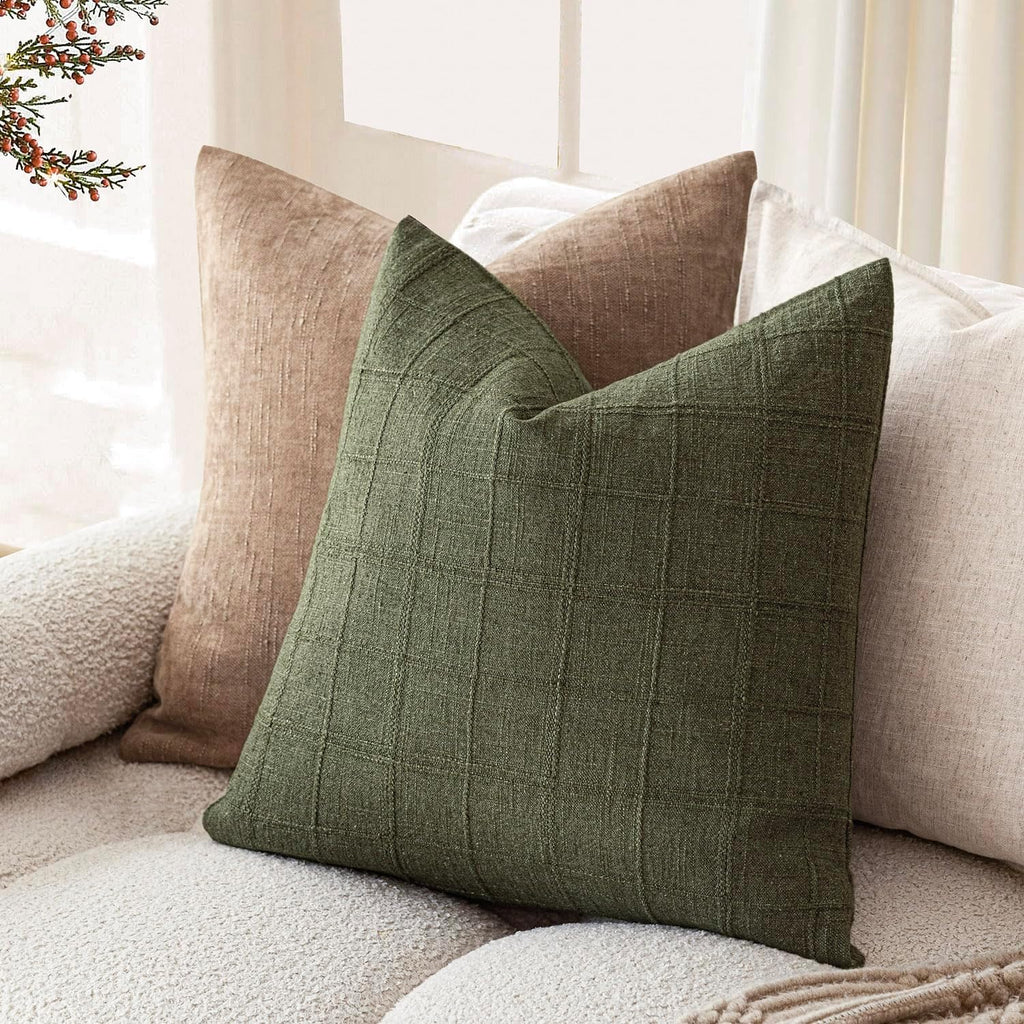 Foindtower Boho Linen Check Decorative Throw Pillow Cover 18×18 Olive Green