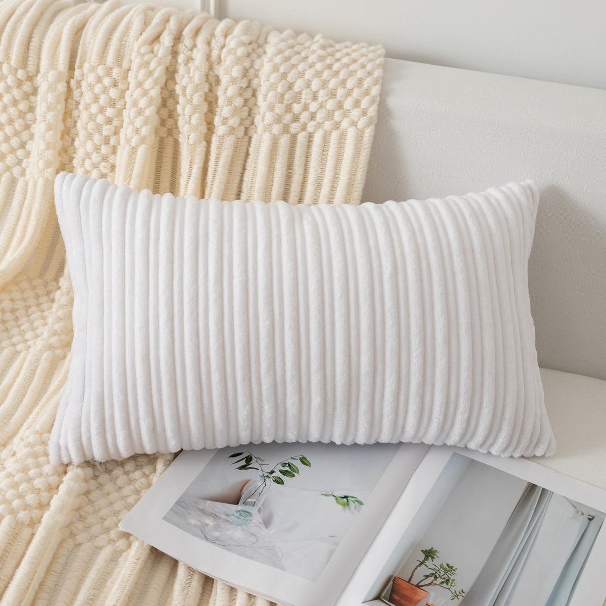UGASA Velvet 12x20 Inch Lumbar Soft Throw Pillow Cover Boho Farmhouse Decorative Corduroy Striped Both Sides Solid Rectangular Cushion Case for Couch Bedroom Sofa Home, 1 Piece, Beige