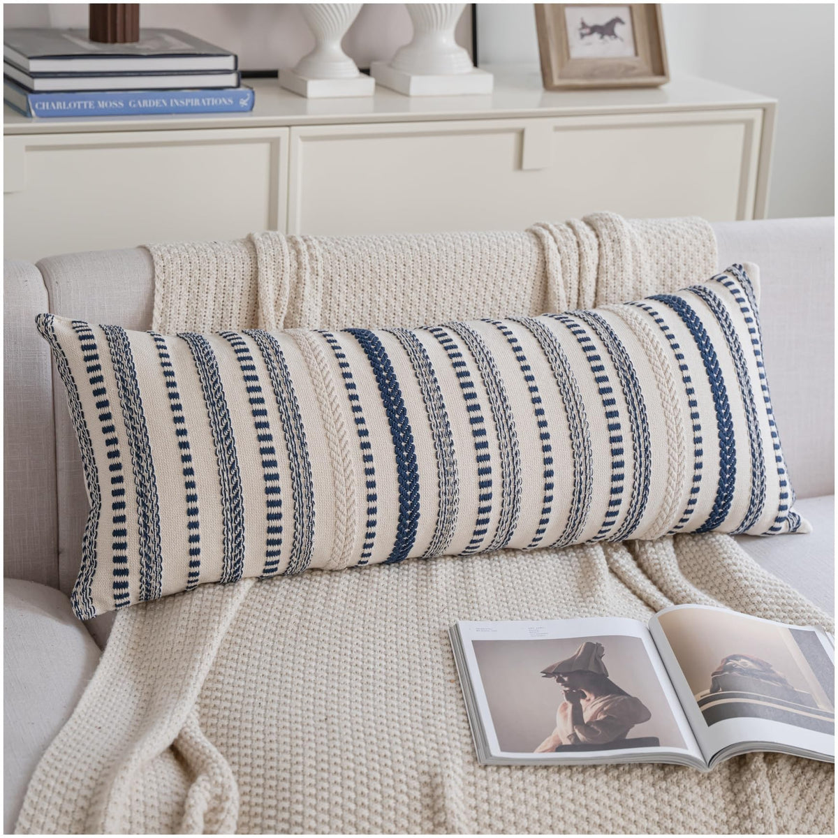 Cethom Blue and Beign Boho Throw Pillow Covers 18x18 Inch Set of 2, Stripe Textured Decorative Couch Pillow Cases for Bed, Sofa, Living Room, Bedroom, Farmhouse Home Accent Cushion Covers