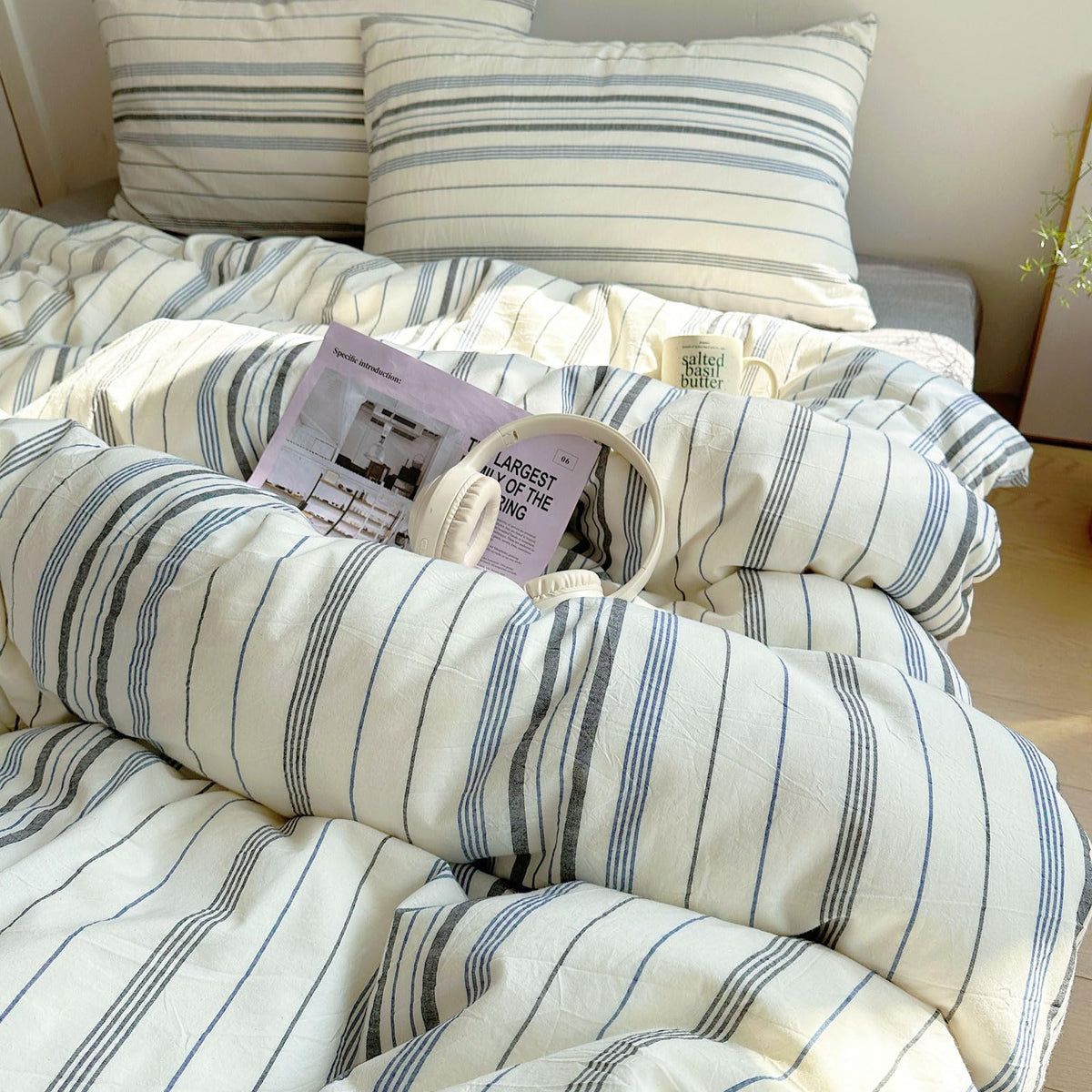 EAVD Retro Striped Duvet Cover Queen Soft 100% Washed Cotton Green Purple