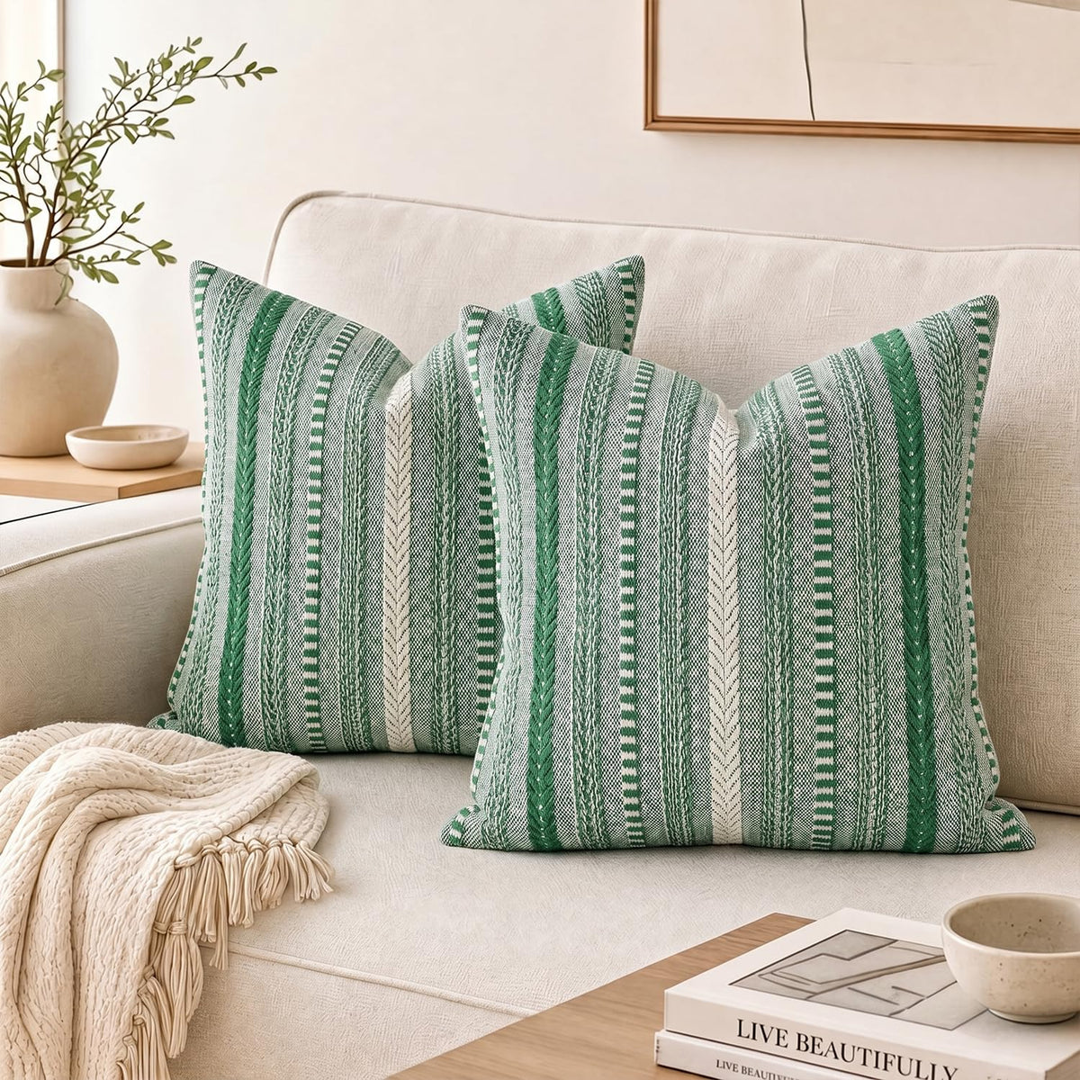 AVOIN colorlife Pink Boho Decorative Throw Pillow Covers Set of 2, 18 x 18 Inch Woven Stripe Textured Rustic Cushion Case Home Decor for Living Room Couch Sofa