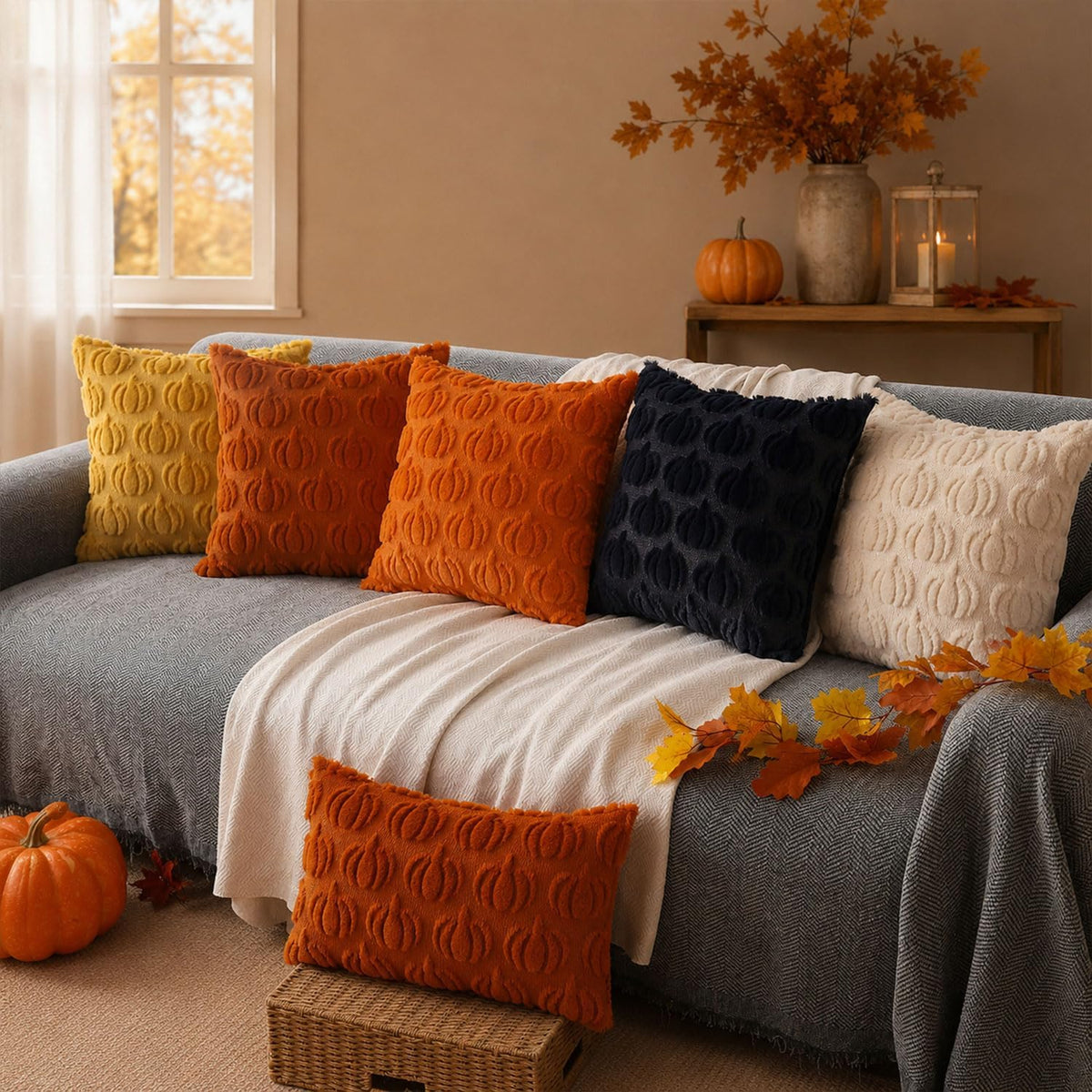 DFXSZ Fall Pillow Covers 18x18 2Pcs Beige Pumpkin Fall Decorations for Home