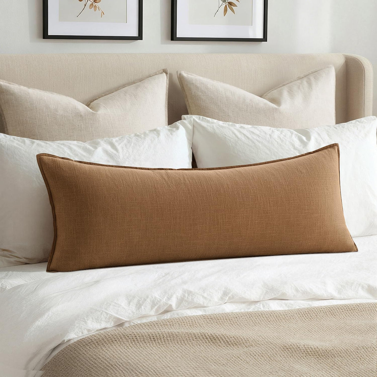 MIULEE Decorative Linen Lumbar Pillow Cover 14x36 Inch Natural Beige