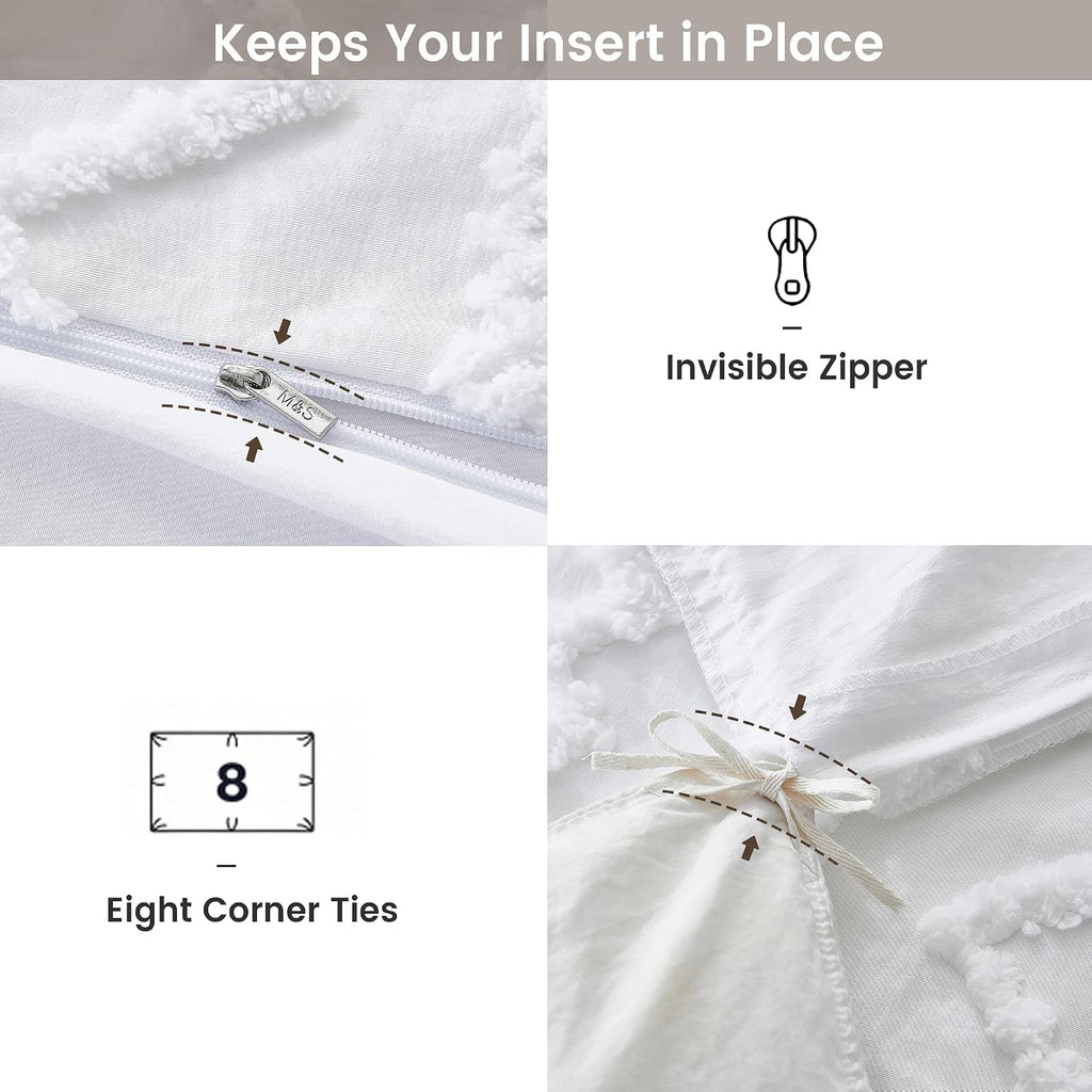 Maple&Stone Boho Duvet Cover Queen, White Tufted 3-Piece Set