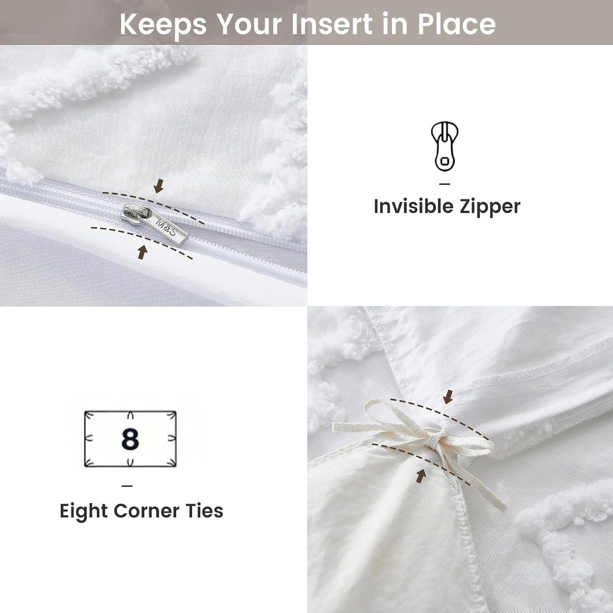Maple&Stone Boho Duvet Cover Queen, White Tufted 3-Piece Set