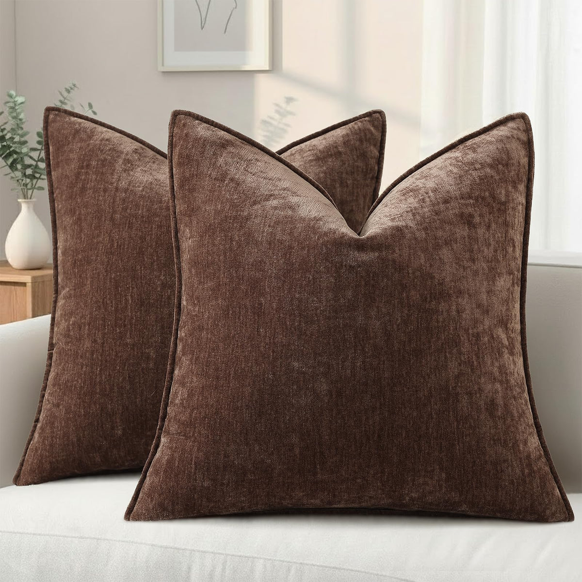 decorUhome Chenille Beige Velvet Throw Pillow Covers 20x20 Set of 2