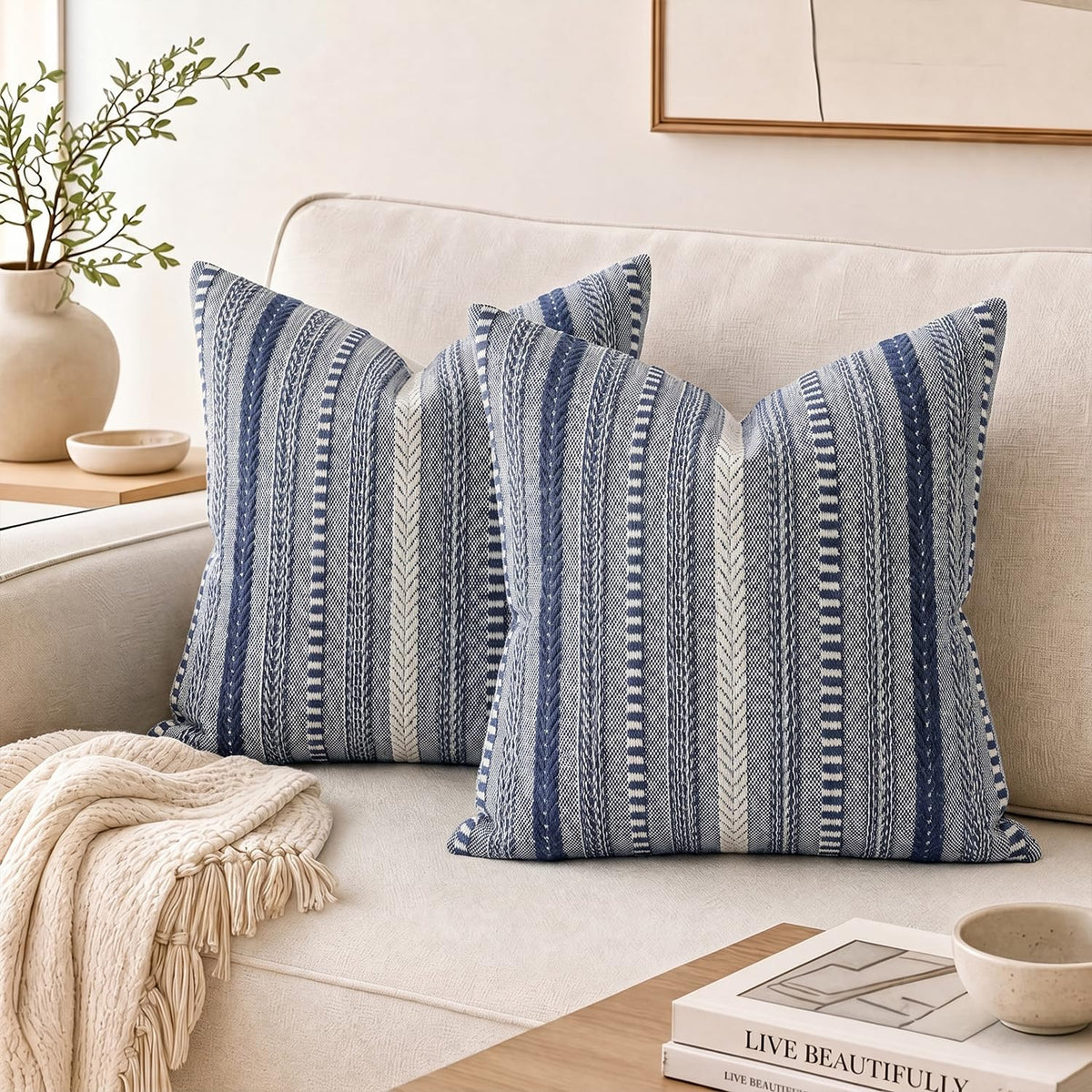 AVOIN colorlife Pink Boho Decorative Throw Pillow Covers Set of 2, 18 x 18 Inch Woven Stripe Textured Rustic Cushion Case Home Decor for Living Room Couch Sofa