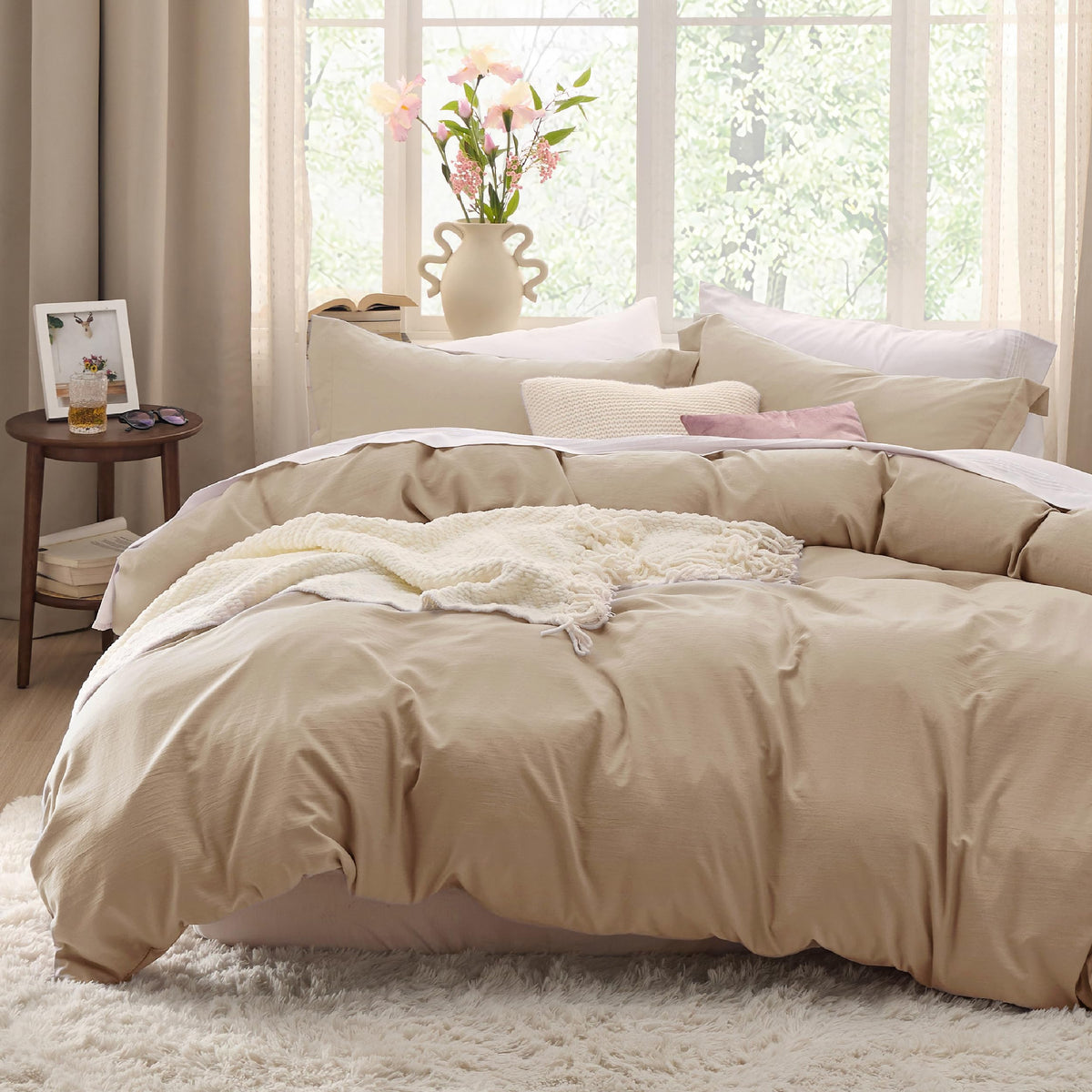 Bedsure Prewashed Duvet Cover Queen, Cotton-Like Soft Bedding Set, Beige
