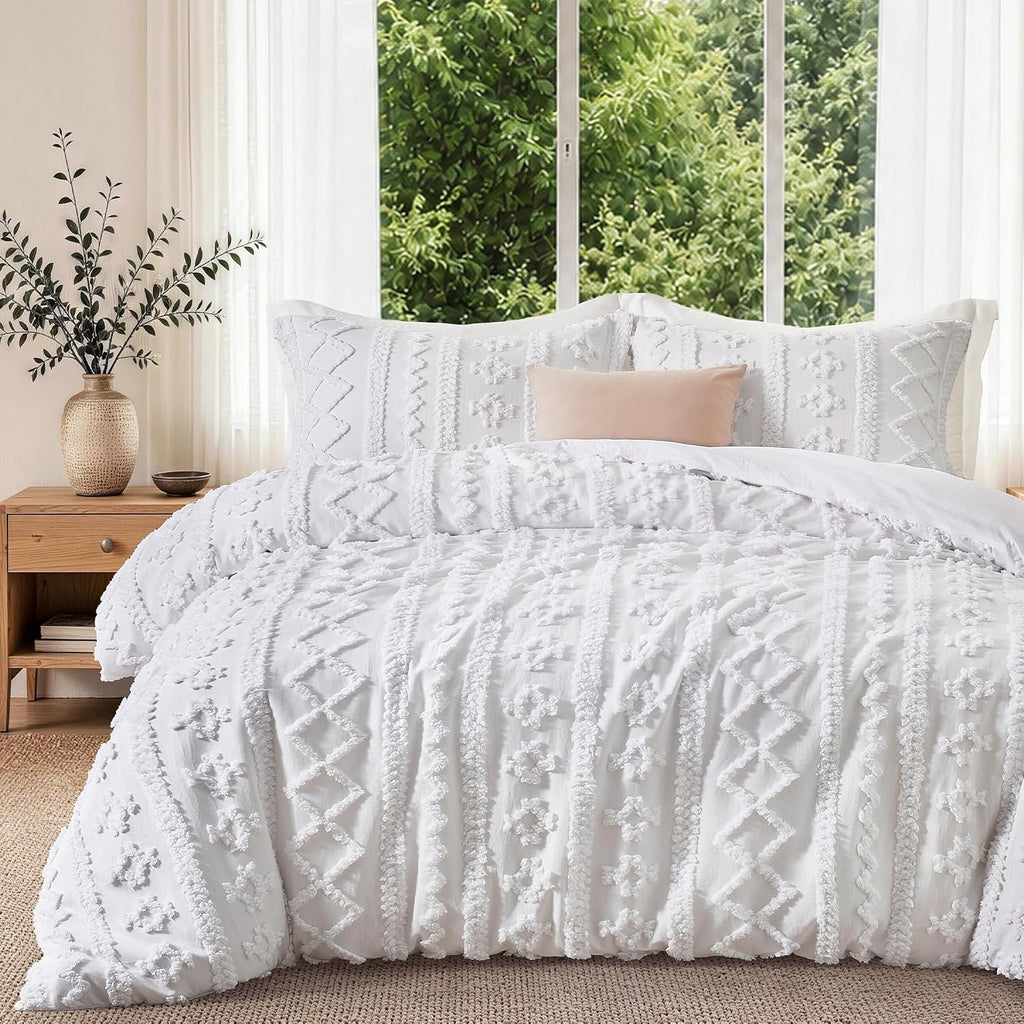 Maple&Stone Boho Duvet Cover Queen, White Tufted 3-Piece Set