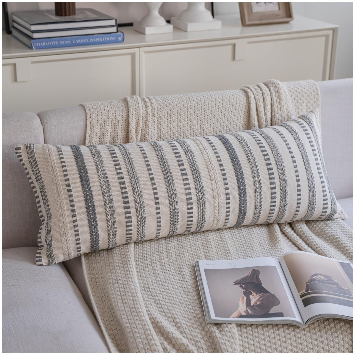 Cethom Blue and Beign Boho Throw Pillow Covers 18x18 Inch Set of 2, Stripe Textured Decorative Couch Pillow Cases for Bed, Sofa, Living Room, Bedroom, Farmhouse Home Accent Cushion Covers