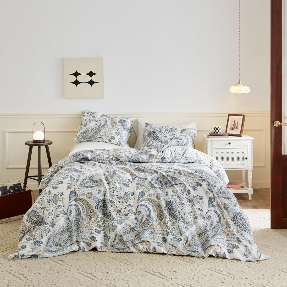 SUSYBAO Blue Paisley Duvet Cover King 100% Cotton Vintage Floral Duvet Cover 3 Pcs Set 1 Boho Brown Flower Duvet Cover with Zipper Ties 2 Pillowcases Luxury Retro Bohemian Bedding Set Soft Comfy