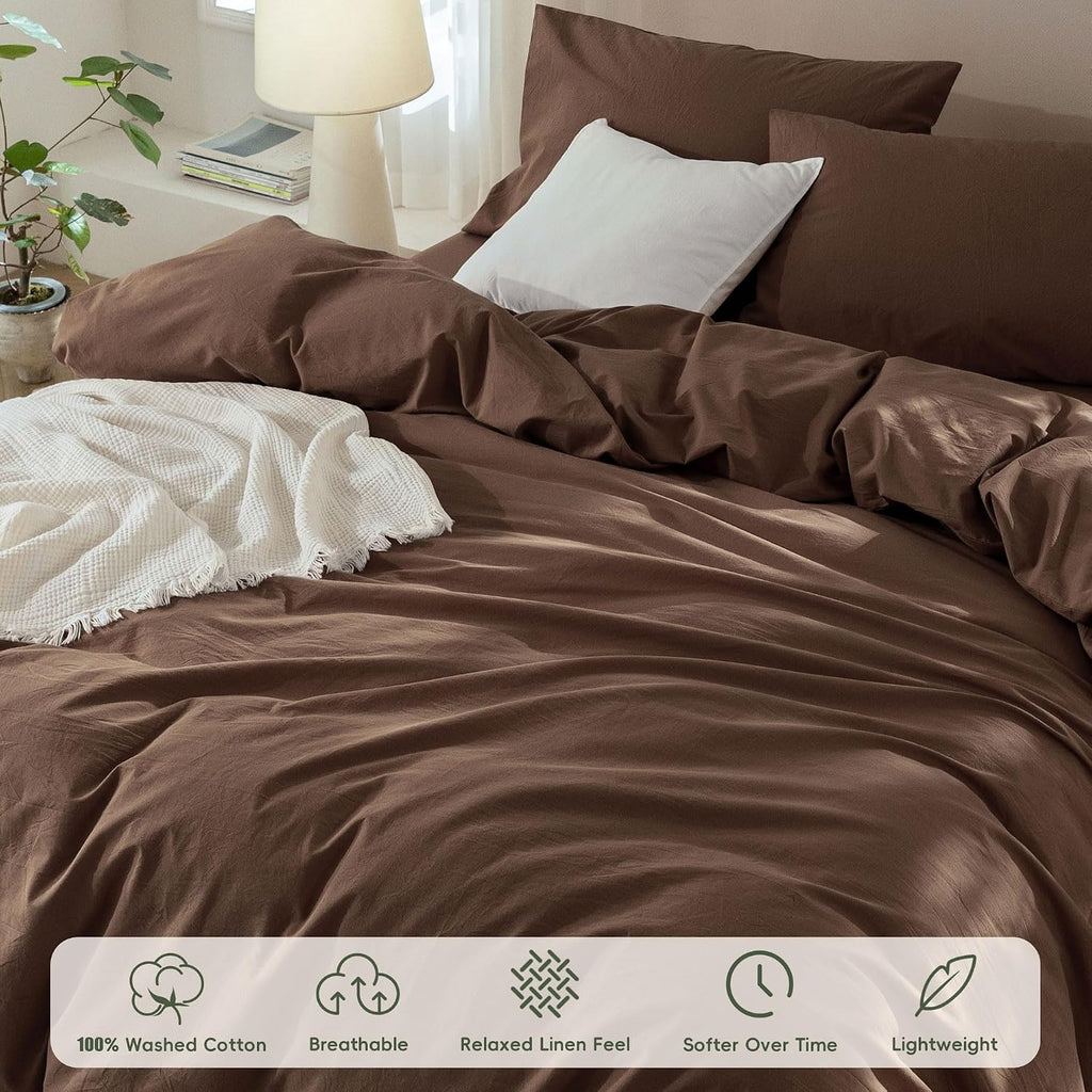 JIYUAN Queen Washed Cotton Duvet Cover Set, 3-Piece, Relaxed Linen Feel