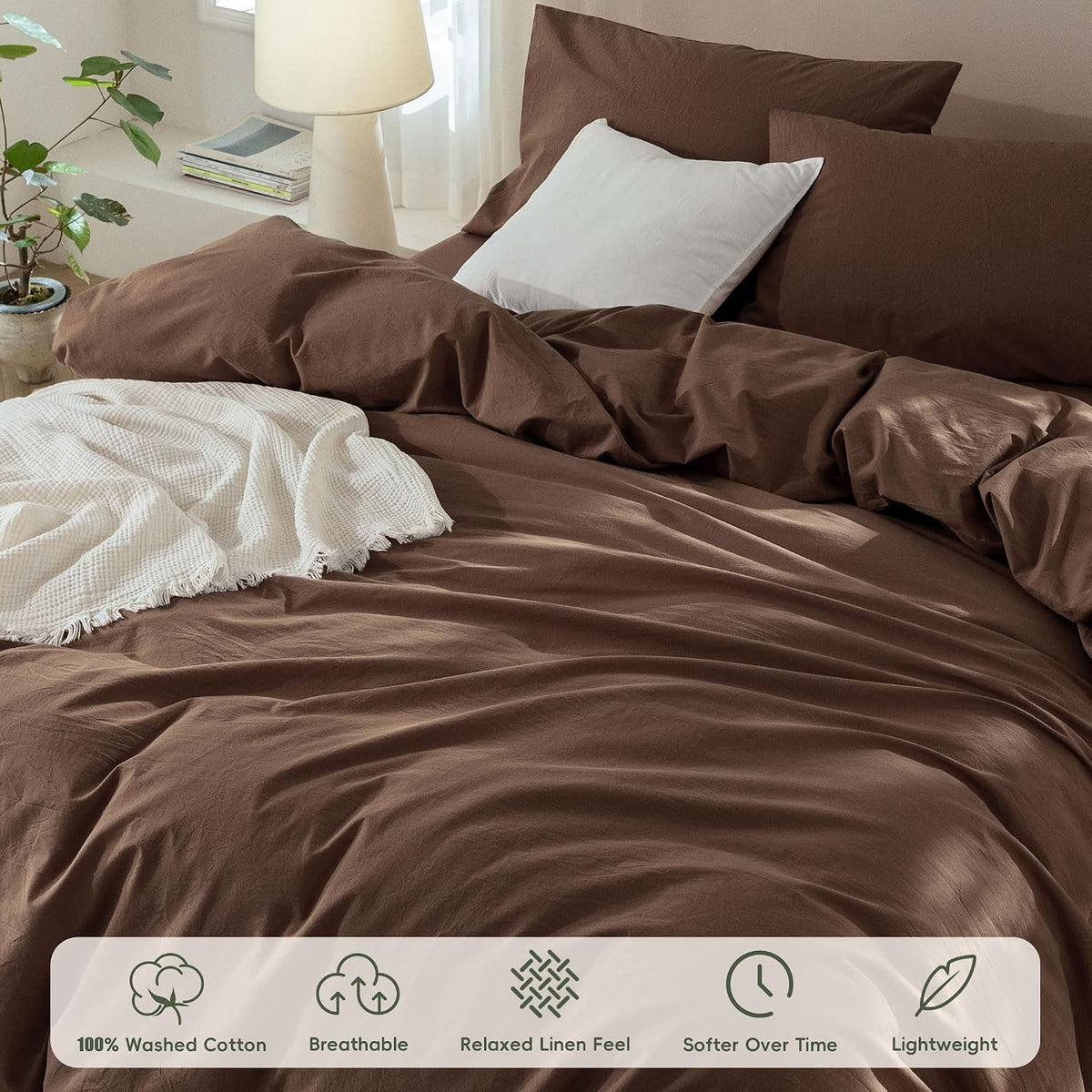JIYUAN Queen Washed Cotton Duvet Cover Set, 3-Piece, Relaxed Linen Feel
