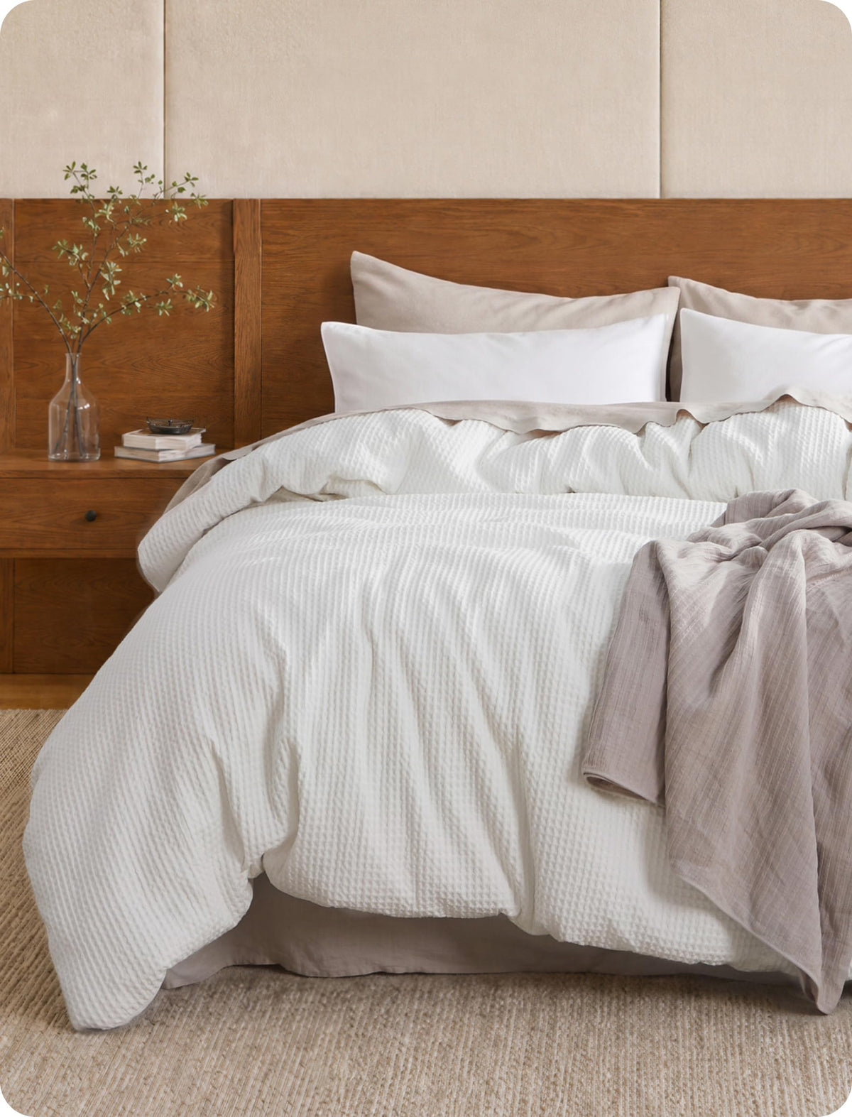 Bedsure PureWoven 3 Pieces 100% Cotton Waffle Duvet Cover Set, King, Linen