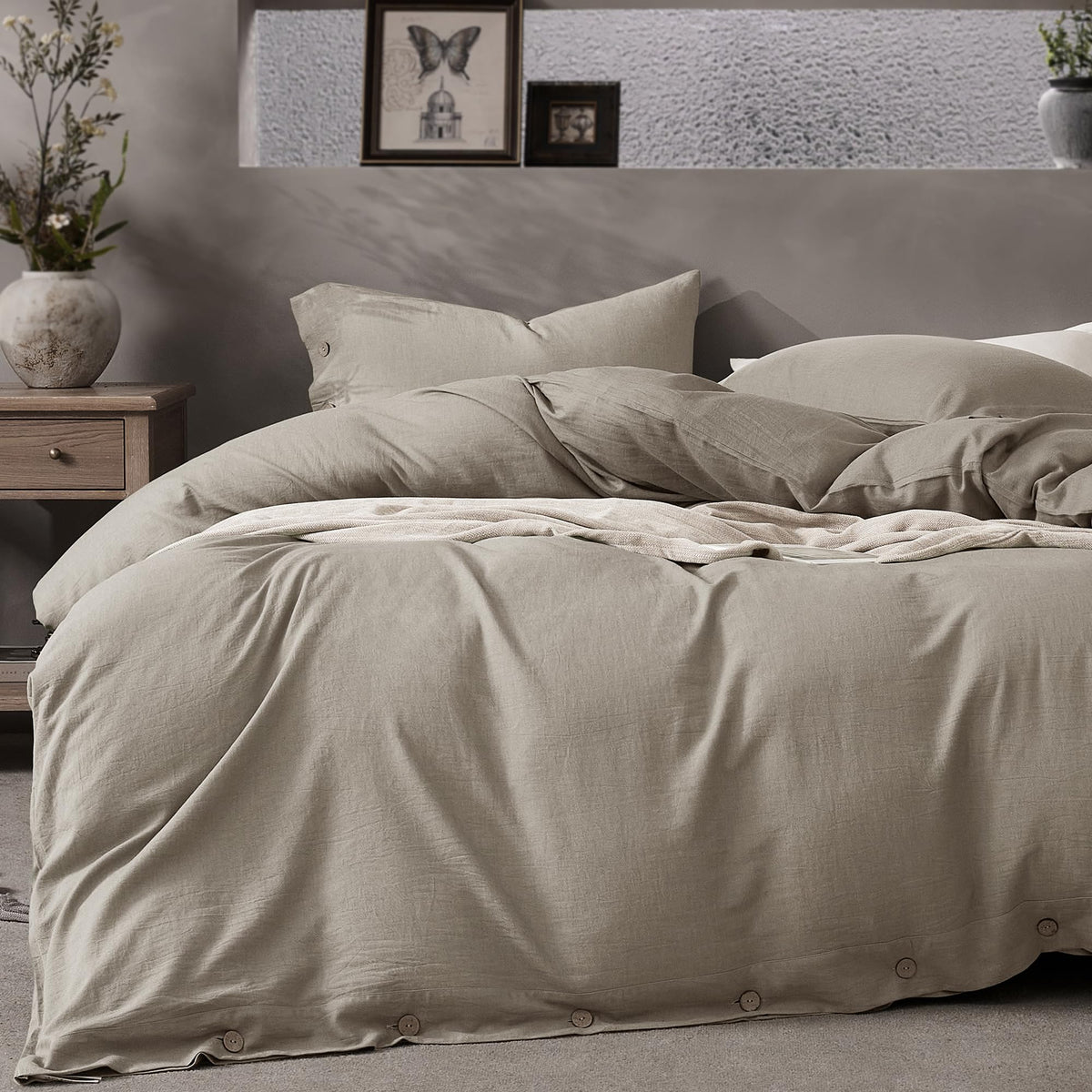 JELLYMONI 100% Washed Cotton Striped Duvet Cover Set King, Linen-Like