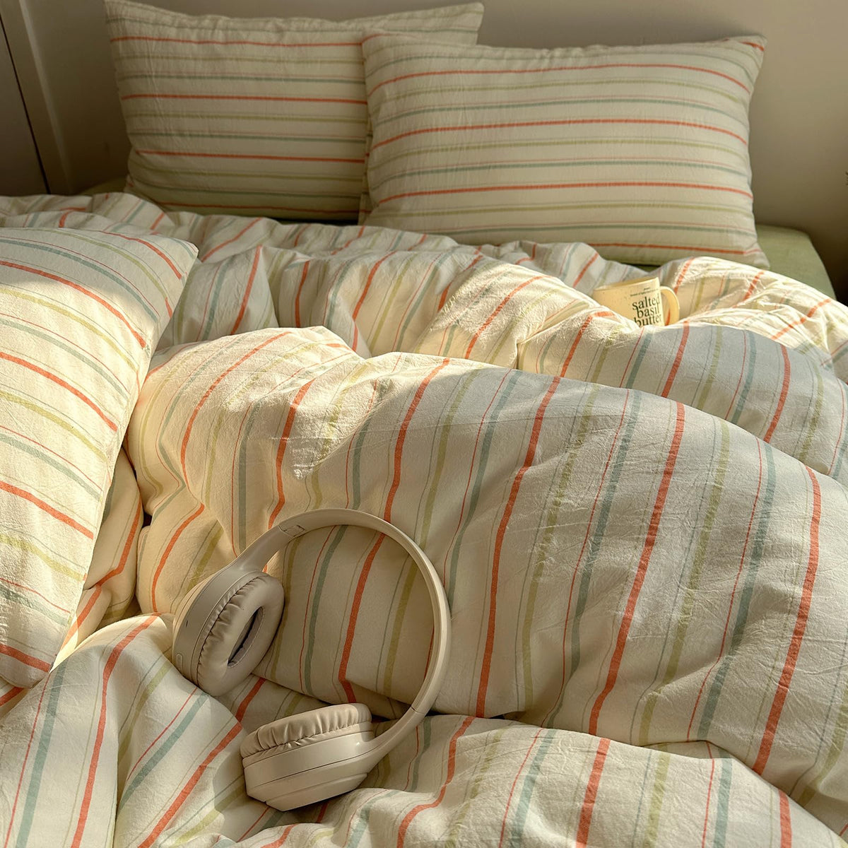 EAVD Retro Striped Duvet Cover Queen Soft 100% Washed Cotton Green Purple