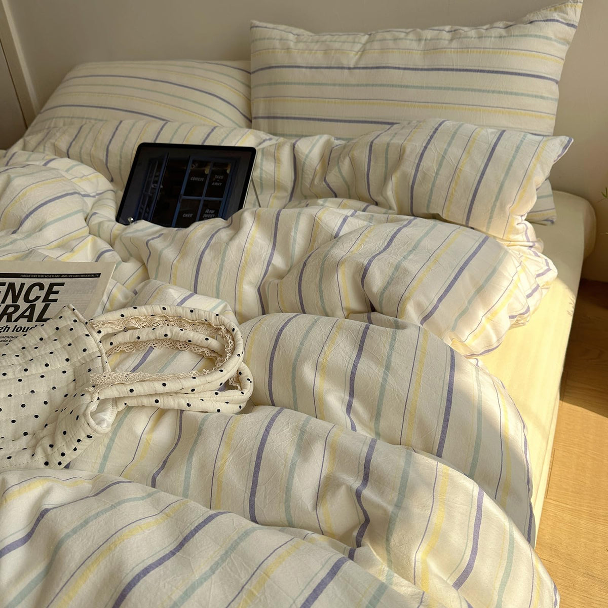 EAVD Retro Striped Duvet Cover Queen Soft 100% Washed Cotton Green Purple