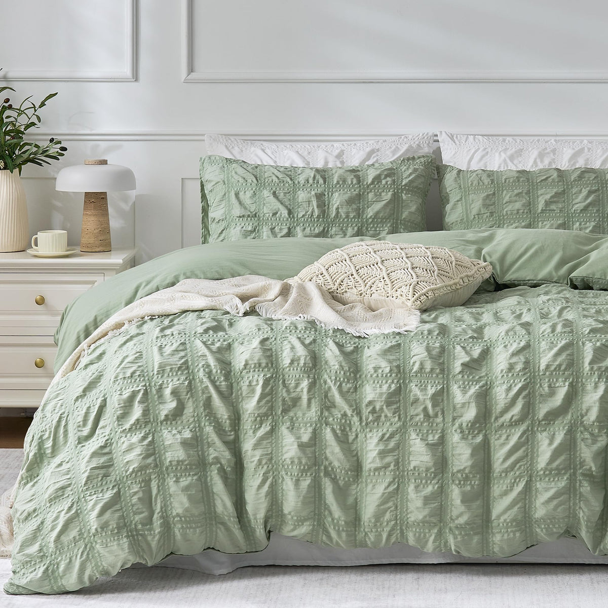 JELLYMONI White Seersucker Duvet Cover Set Queen Size