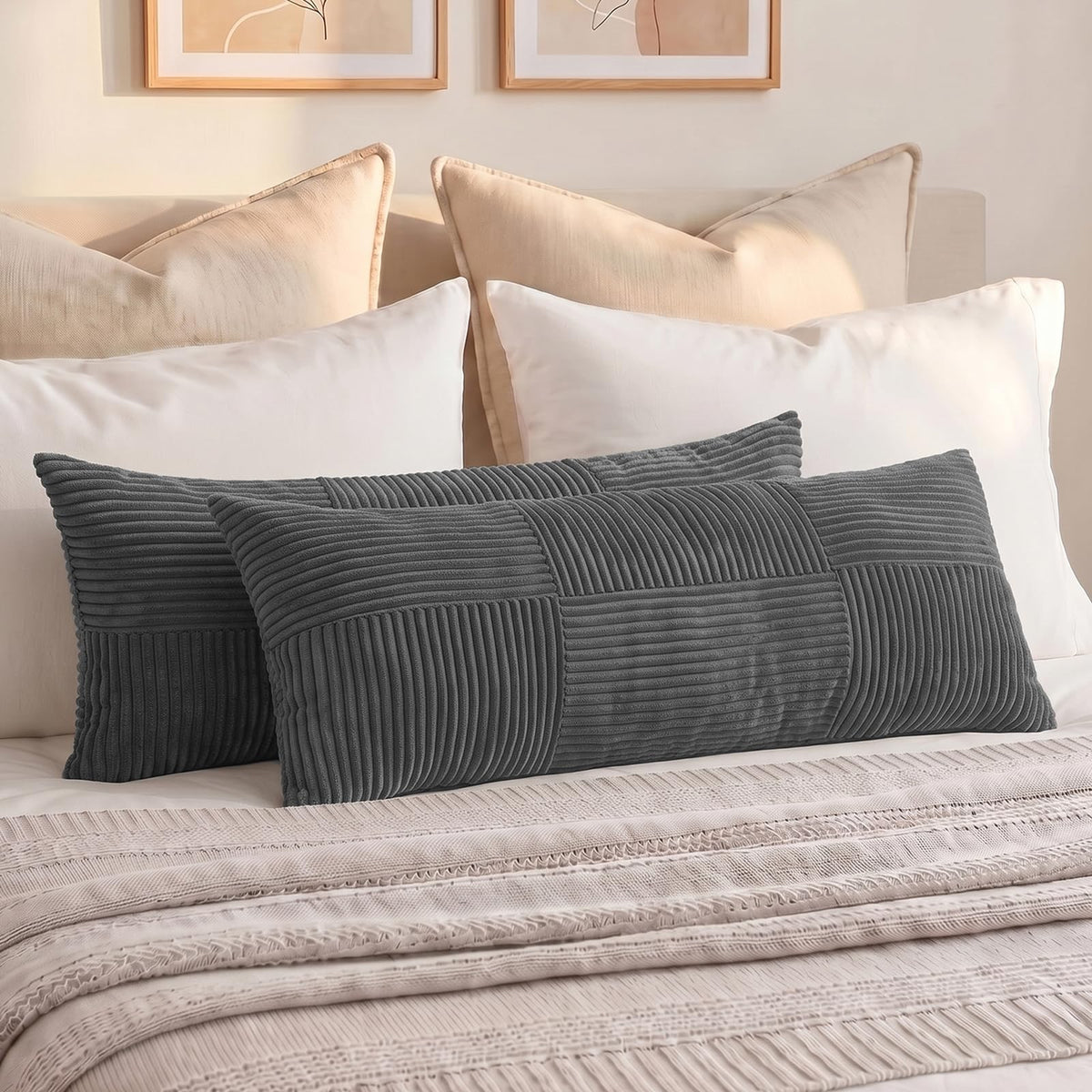 Fancy Homi Blush Pink Lumbar Decorative Throw Pillow Covers 12x20 Inch for Living Room Couch Bed, Rustic Farmhouse Boho Home Decor, Soft Striped Corduroy Rectangle Accent Cushion Case 30x50 cm