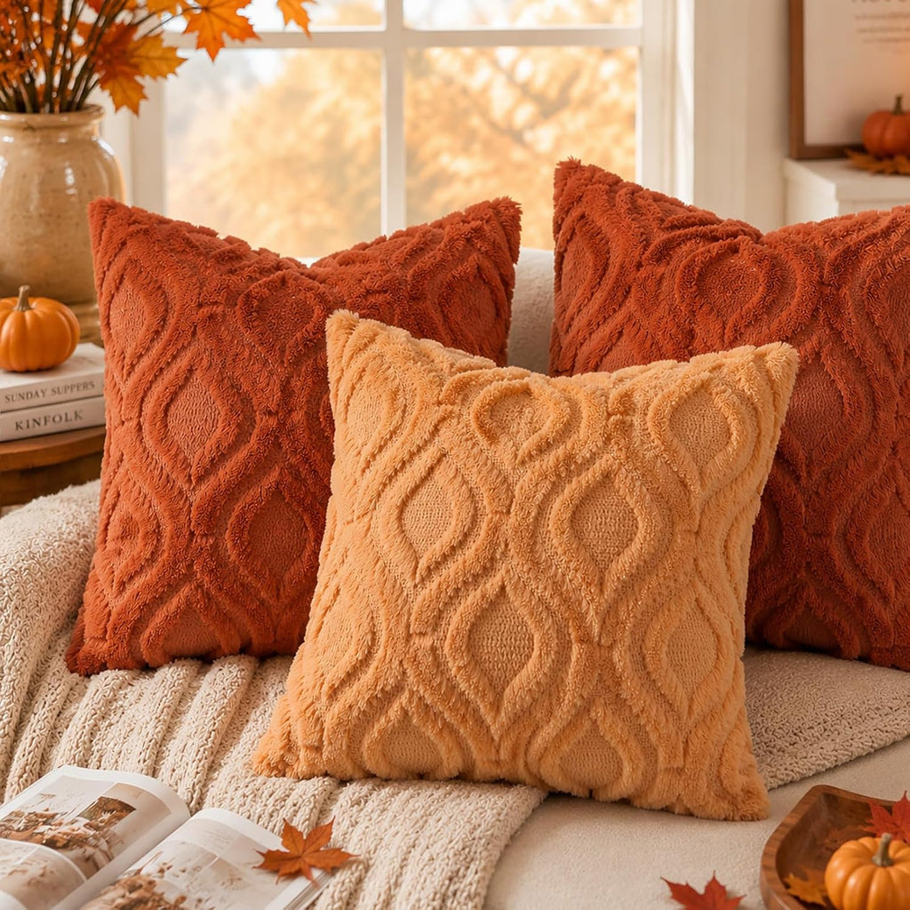 decorUhome Faux Fur Plush Soft Rust Throw Pillow Covers 18x18 Set of 2