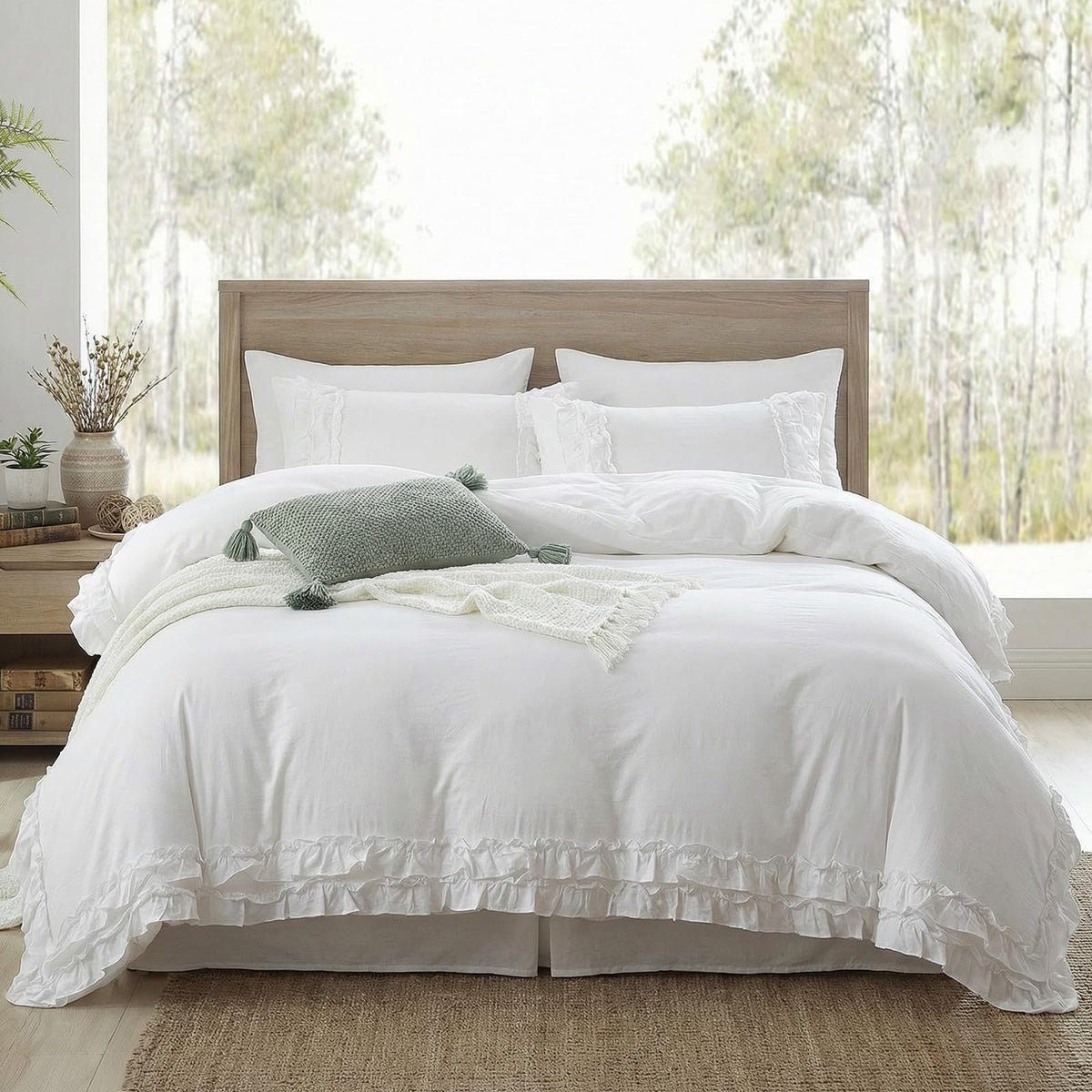 Bedorm Beige Duvet Cover Set Queen Ruffle Bedding Set Pleat Ruffled Shabby Chic Comforter Cover Extra Soft & Easy Care White Boho Duvet Cover with Zipper Closure