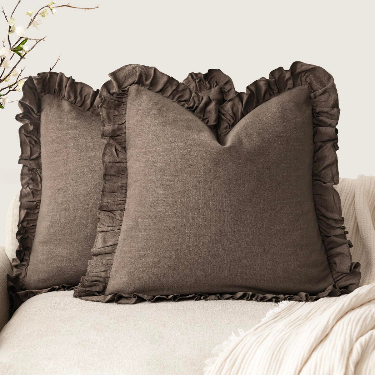 Foindtower Set of 2 Decorative Soild Fringe Ruffle Throw Pillow Covers Soft Boho Farmhouse Cushion Cover Cozy Accent Retro Pillowcase for Couch Sofa Bed Living Room Home Decor,18×18 Inch,Natural Beige