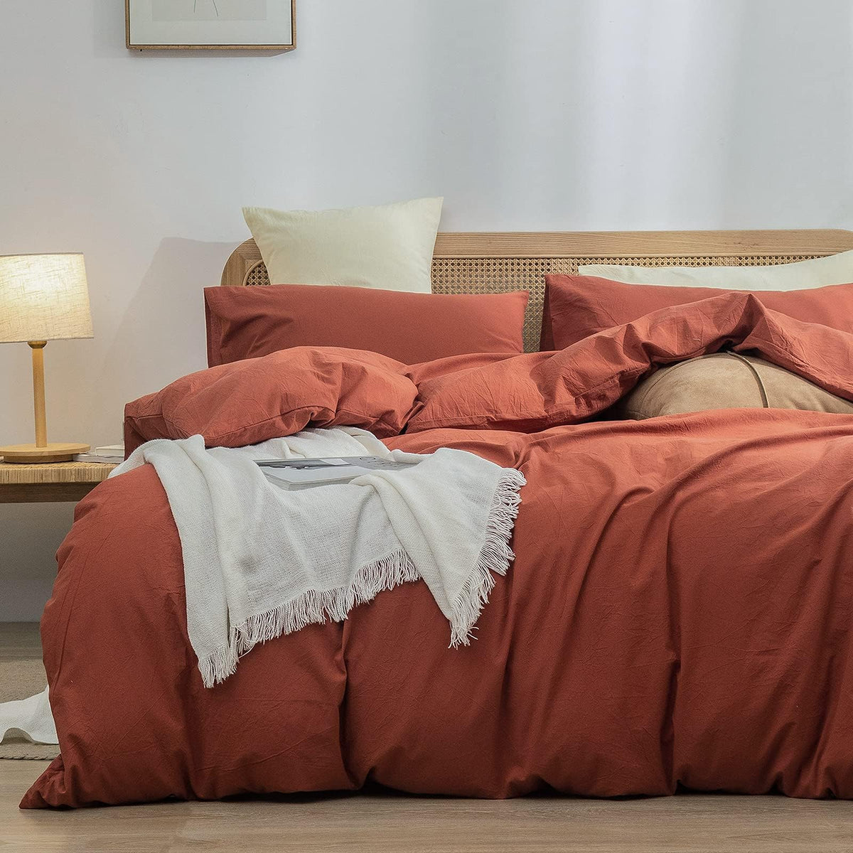 BESTOUCH Cotton Solid Duvet Cover Set Linen Feel Off White Queen