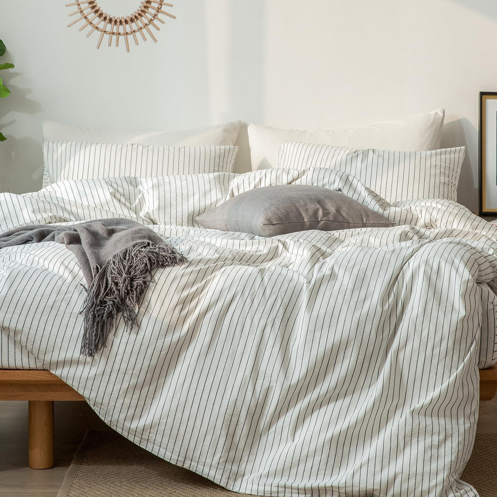 MooMee Striped Duvet Cover Set 100% Washed Cotton Linen Like Queen