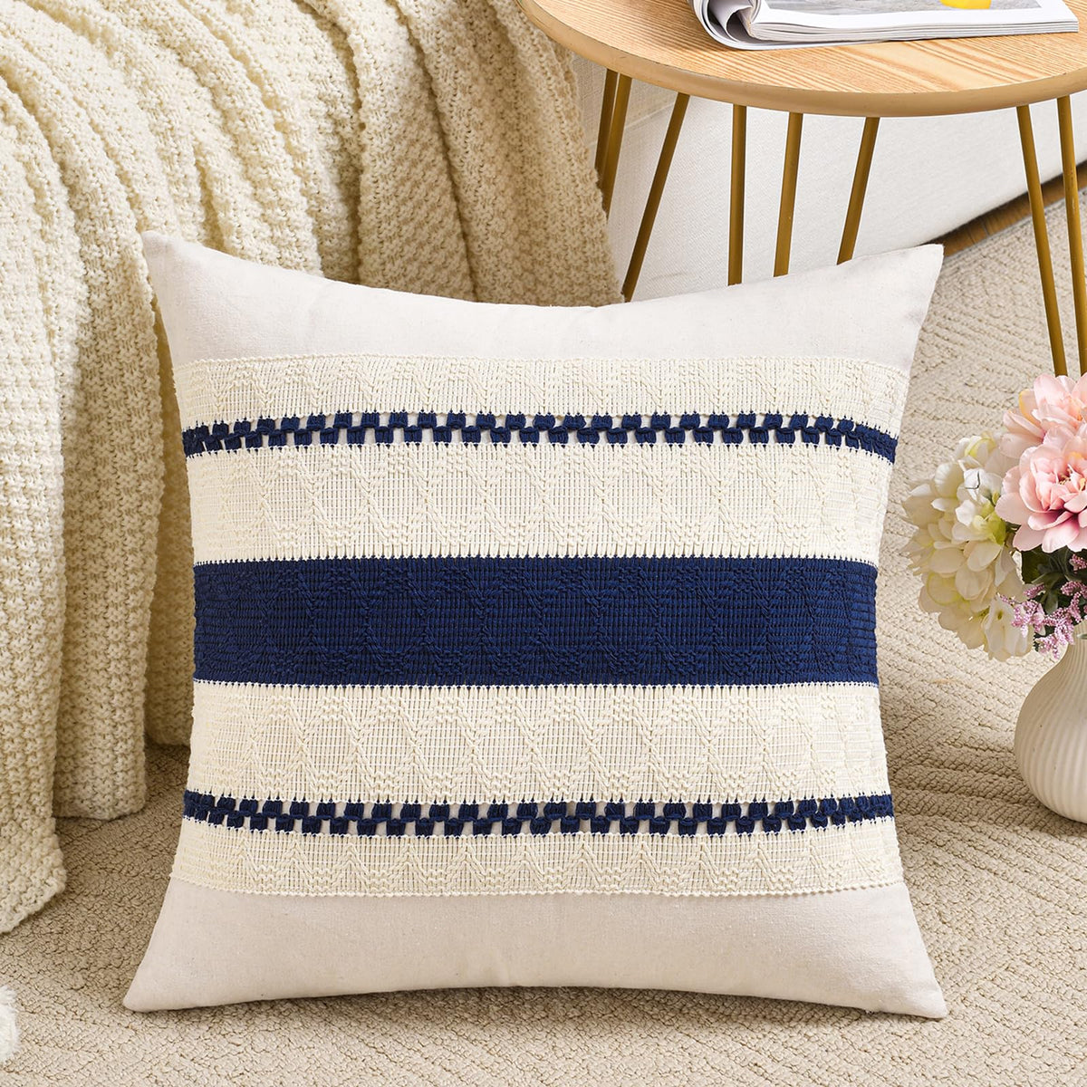 Fancy Homi Set of 1 Navy Blue Lumbar Decorative Throw Pillow Covers 12x20 Inch for Couch Bed Sofa Living Room, Soft Cotton blend Woven Textured Cushion Case