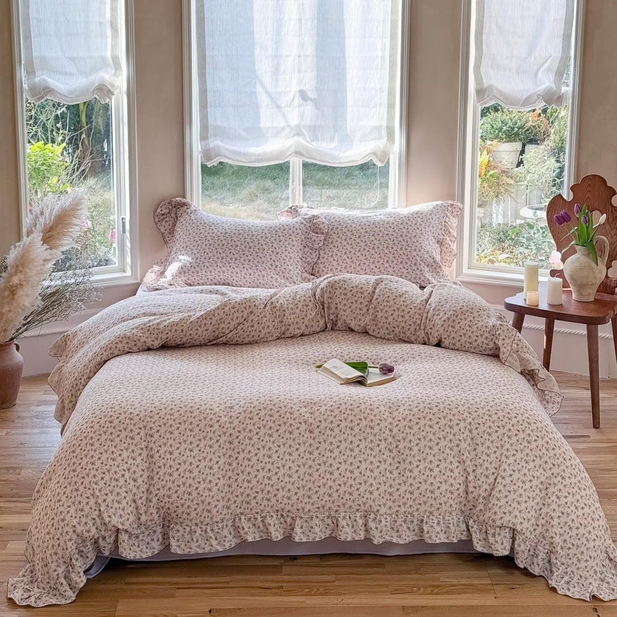 BuLuTu 100% Cotton Muslin Duvet Cover Twin for Kids Girls Boys, Shabby Chic Azalea Floral Duvet Covers Vintage Farmhouse Comforter/Quilt Cover with Ruffles, 68"x86", Zipper Closure, No Pillow