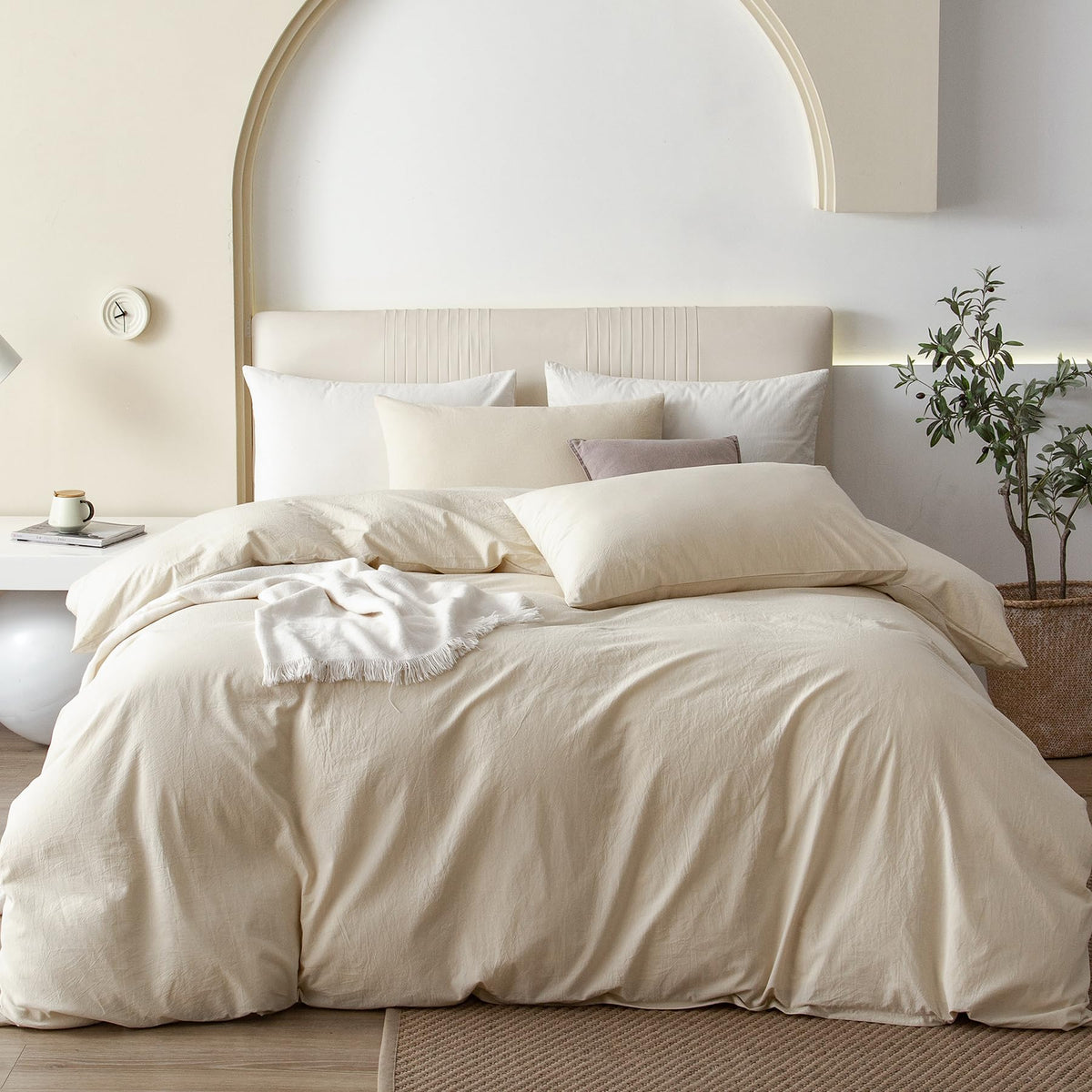 JIYUAN Queen Washed Cotton Duvet Cover Set, 3-Piece, Relaxed Linen Feel