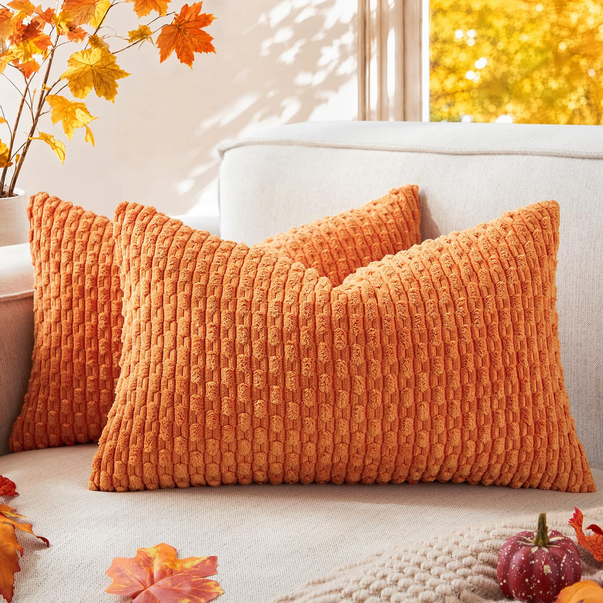 Kevin Textile Soft Corduroy 18x18 Inch Pillow Covers 2 Pack, Burnt Brick