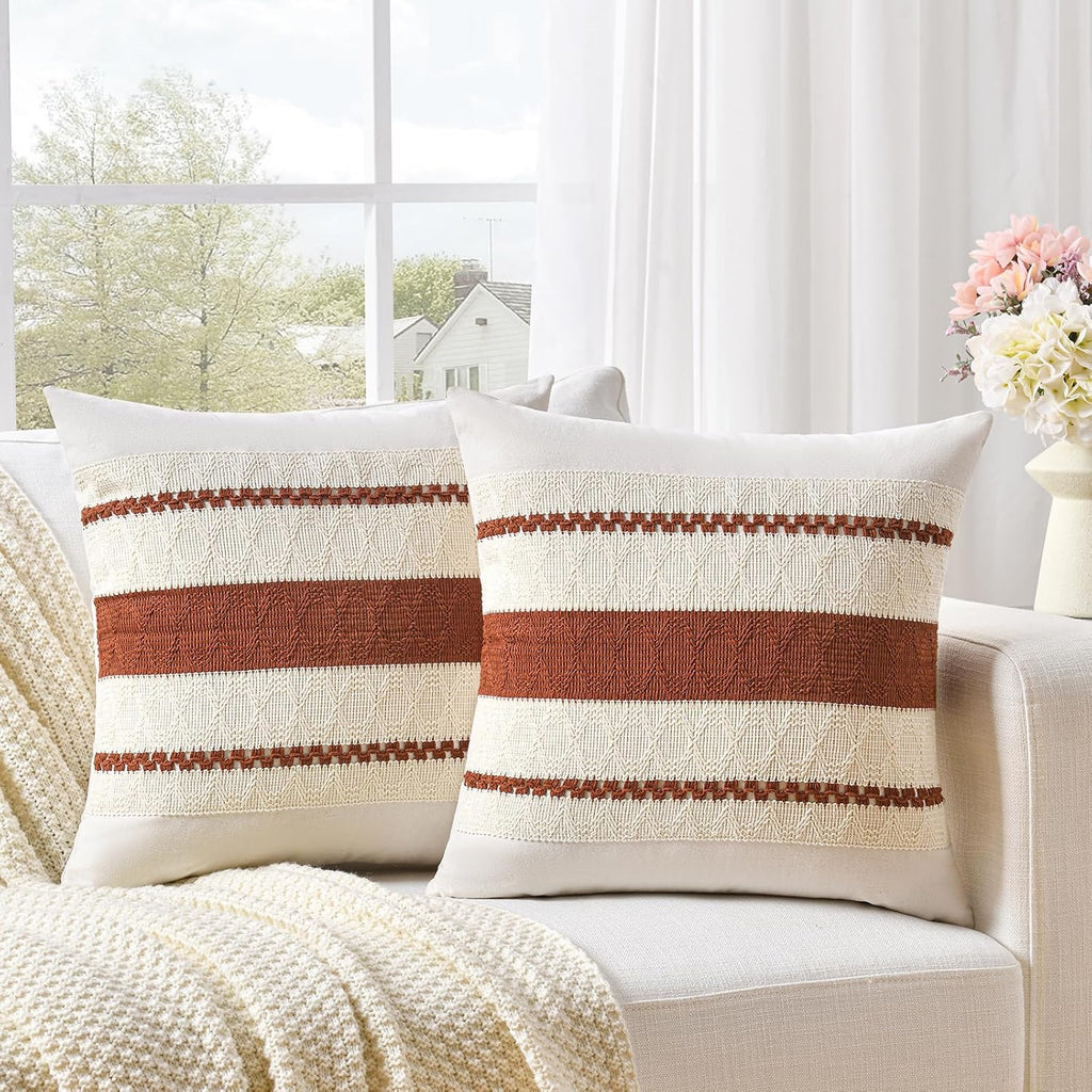 Fancy Homi Set of 2 Rust Boho Decorative Throw Pillow Covers 18x18 Inch for Couch Bed Sofa, Aesthetic Modern Organic Fall Room Decor, Soft Cotton Cute Terracotta Textured Farmhouse Cushion Case