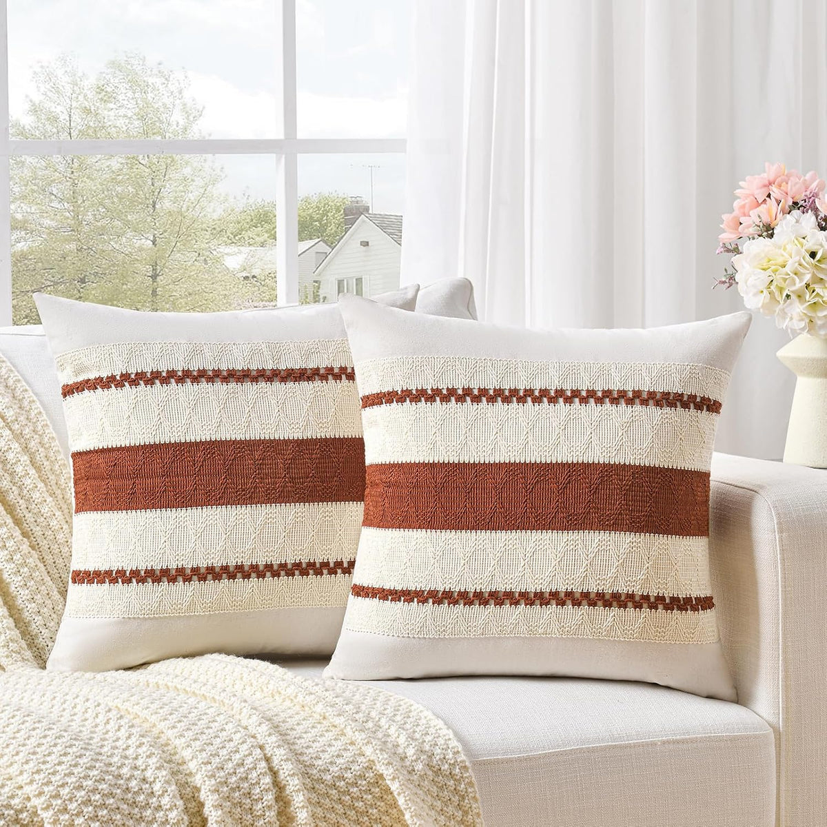 Fancy Homi Set of 2 Rust Boho Decorative Throw Pillow Covers 18x18 Inch for Couch Bed Sofa, Aesthetic Modern Organic Fall Room Decor, Soft Cotton Cute Terracotta Textured Farmhouse Cushion Case