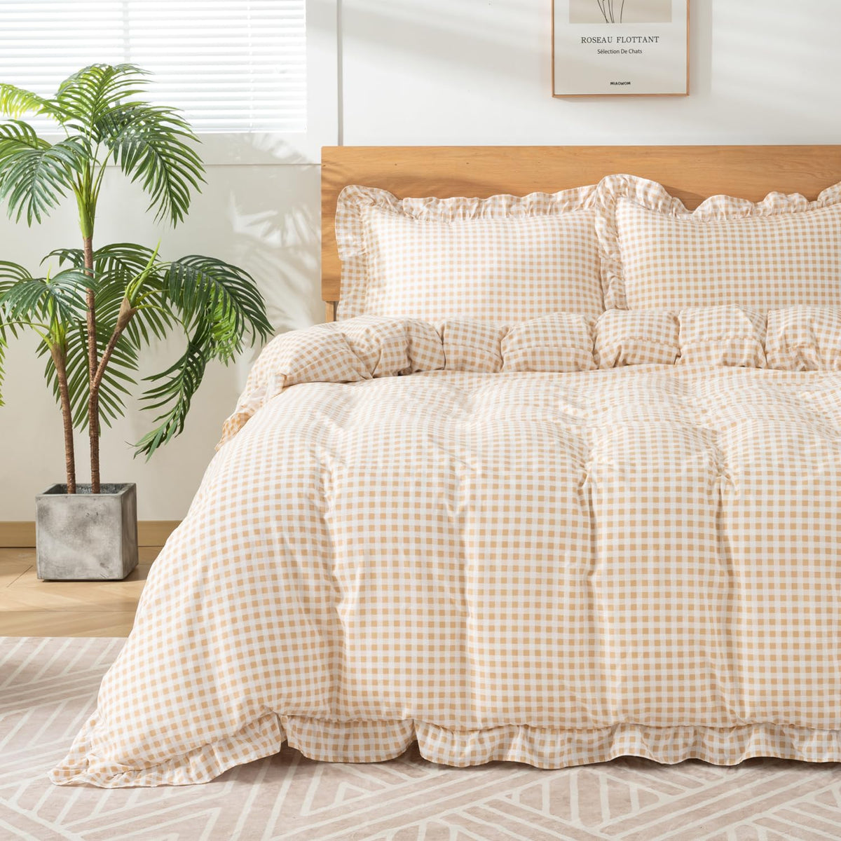 Gingham Duvet Cover Queen Size, 3 Pieces Soft Breathable Microfiber Plaid Duvet Cover with Zipper Closure & 2 Pillow Shams, Ruffle Farmhouse Vintage Decor, Sage Green