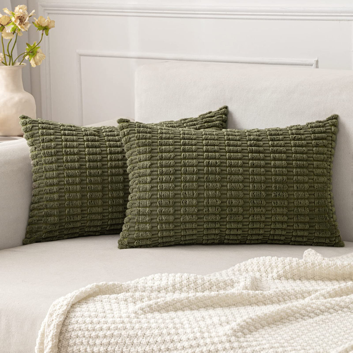 MIULEE Corduroy Decorative Throw Pillow Covers 20x20 Cream White Pack of 2