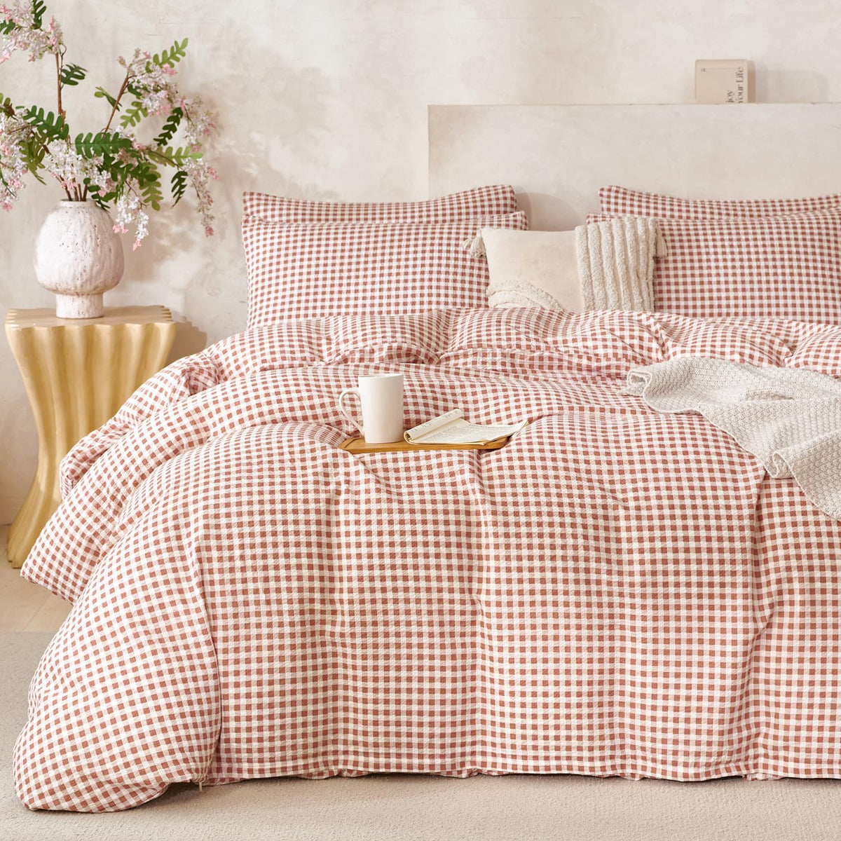 King Size Duvet Cover Set Floral Luxury Soft Brushed Microfiber Crinkle Gauze Fabric 3 Pieces Bedding Set Flower Pattern Duvet Cover King with Zipper Closure Breathable Comfy