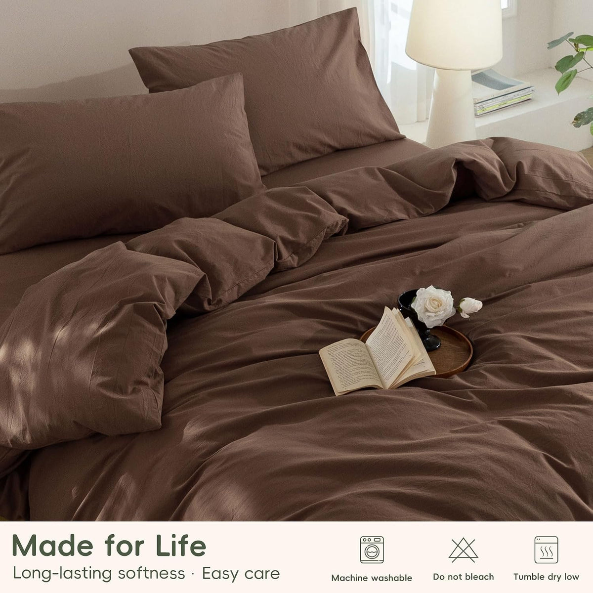 JIYUAN Queen Washed Cotton Duvet Cover Set, 3-Piece, Relaxed Linen Feel
