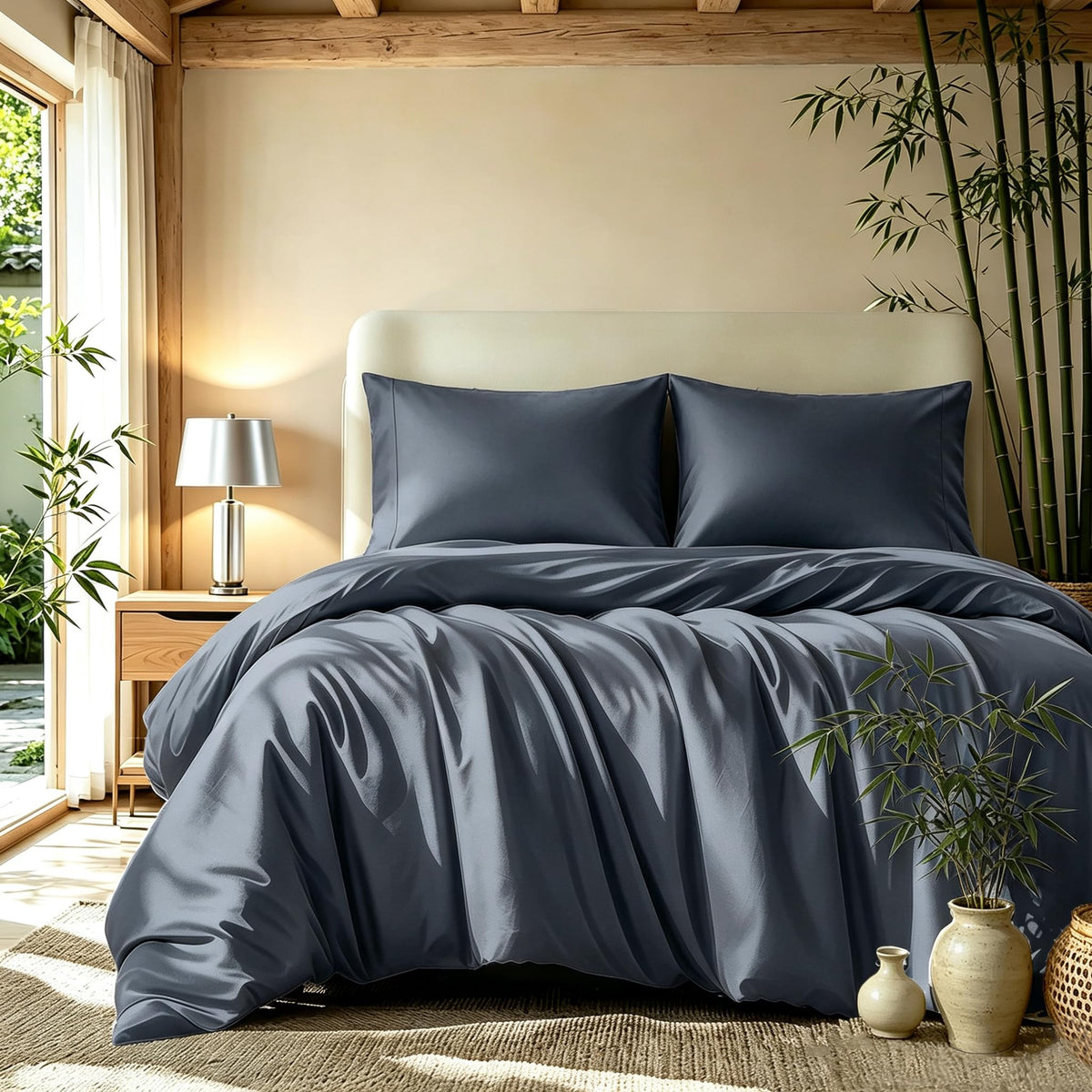 Queen Duvet Cover Set 3 Pieces, 100% Organic Viscose derived from Bamboo, Luxuriously Soft & Cooling, 1 Duvet Cover and 2 Pillowcases, 90" x 90"(Queen, Linen)