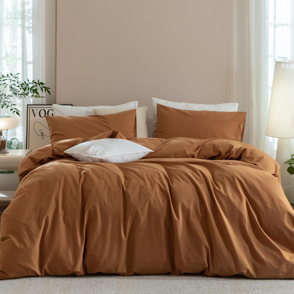 JIYUAN Queen Washed Cotton Duvet Cover Set, 3-Piece, Relaxed Linen Feel