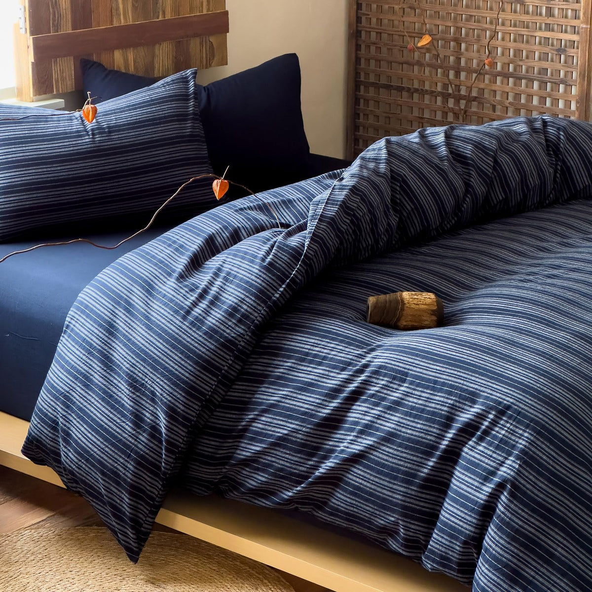 EAVD Retro Striped Duvet Cover Queen Soft 100% Washed Cotton Green Purple