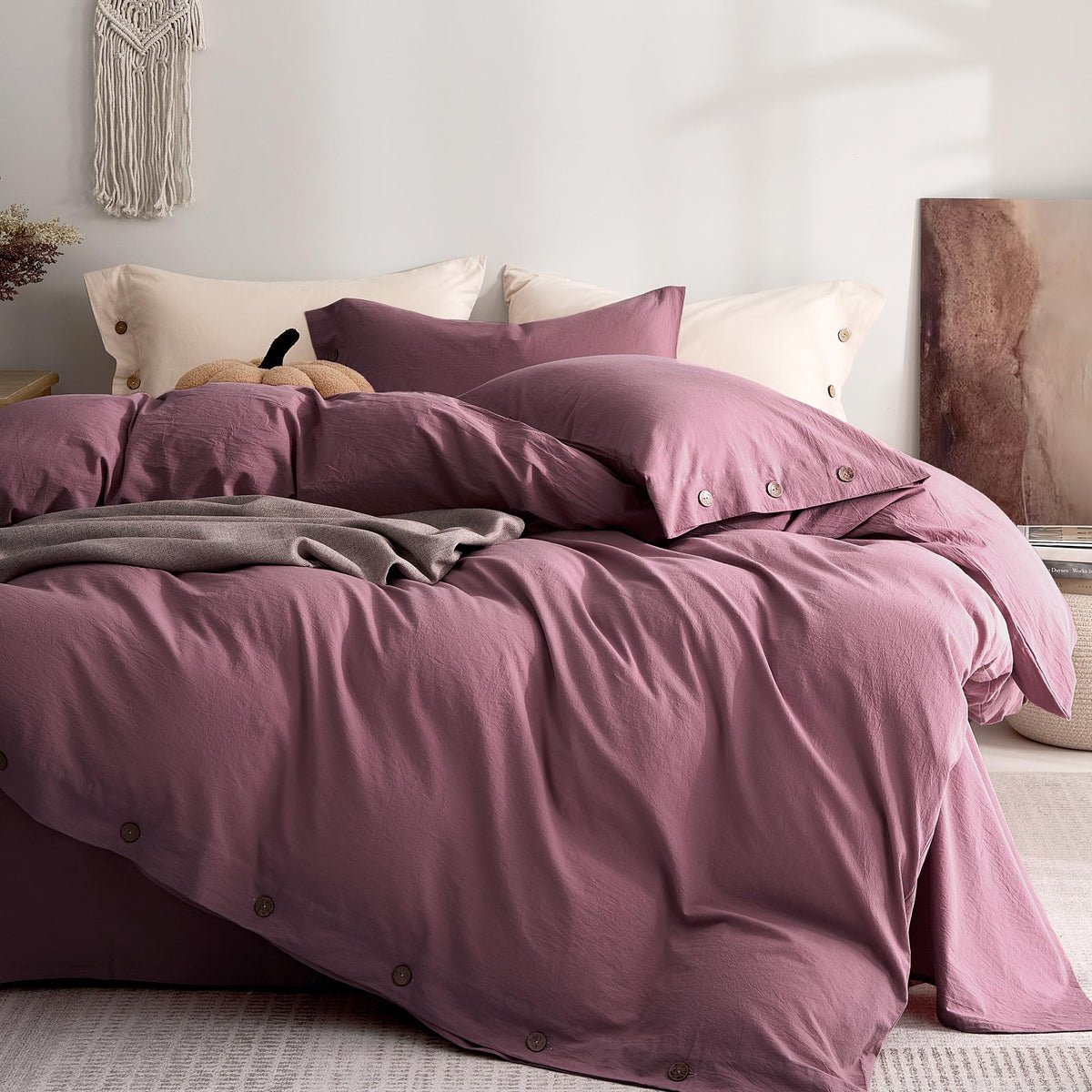JELLYMONI 100% Washed Cotton Striped Duvet Cover Set King, Linen-Like