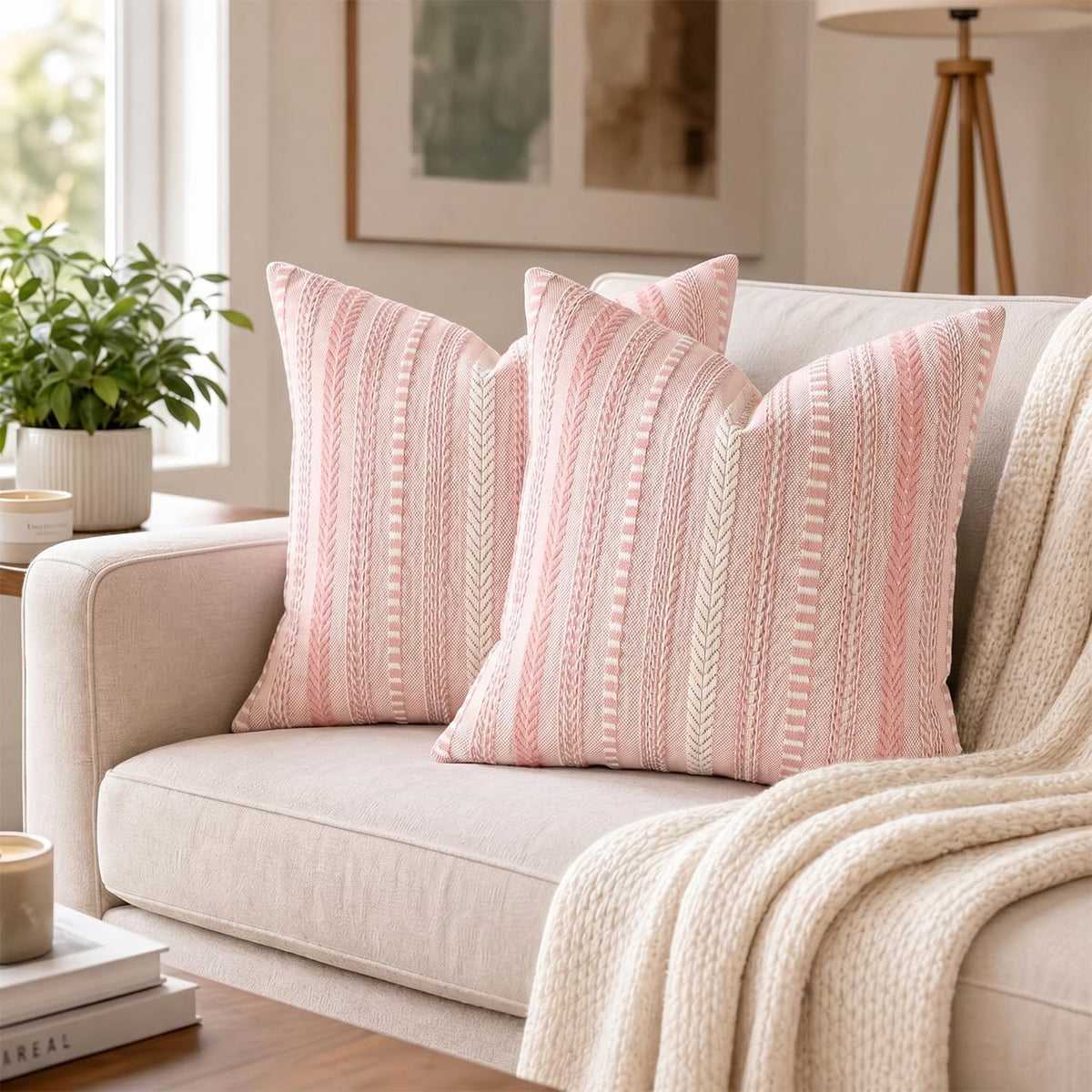 AVOIN colorlife Pink Boho Decorative Throw Pillow Covers Set of 2, 18 x 18 Inch Woven Stripe Textured Rustic Cushion Case Home Decor for Living Room Couch Sofa