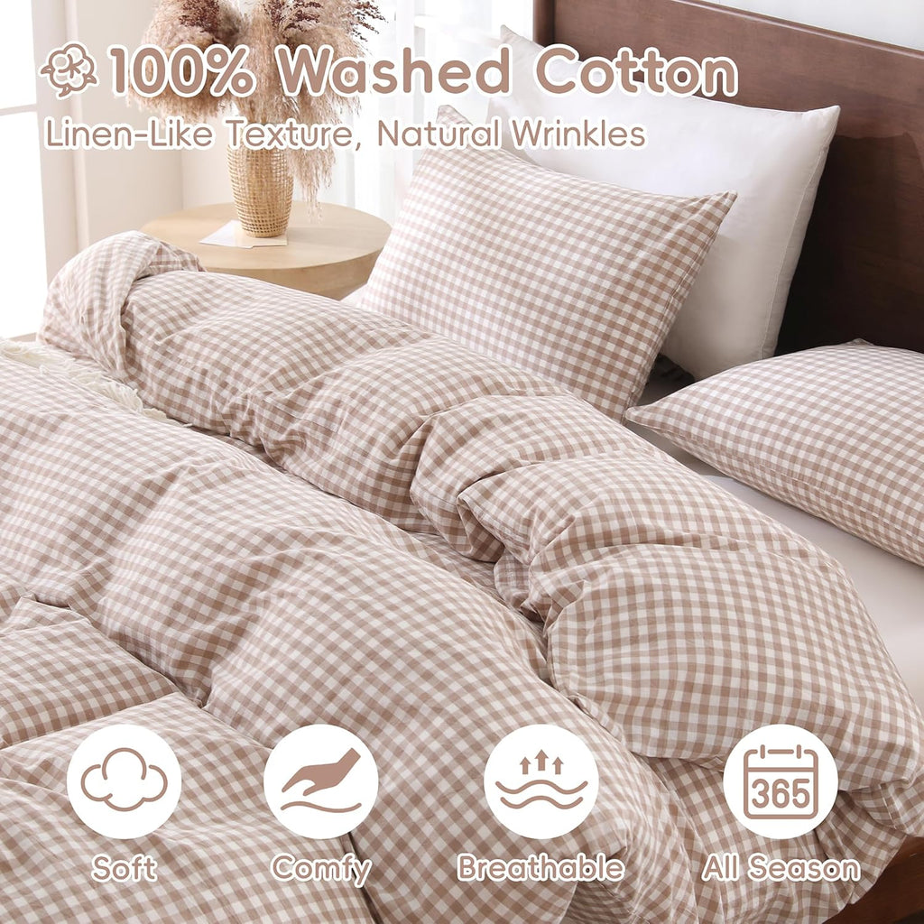 Cotton Brown Gingham Duvet Cover Bedding Set Linen Like, Queen